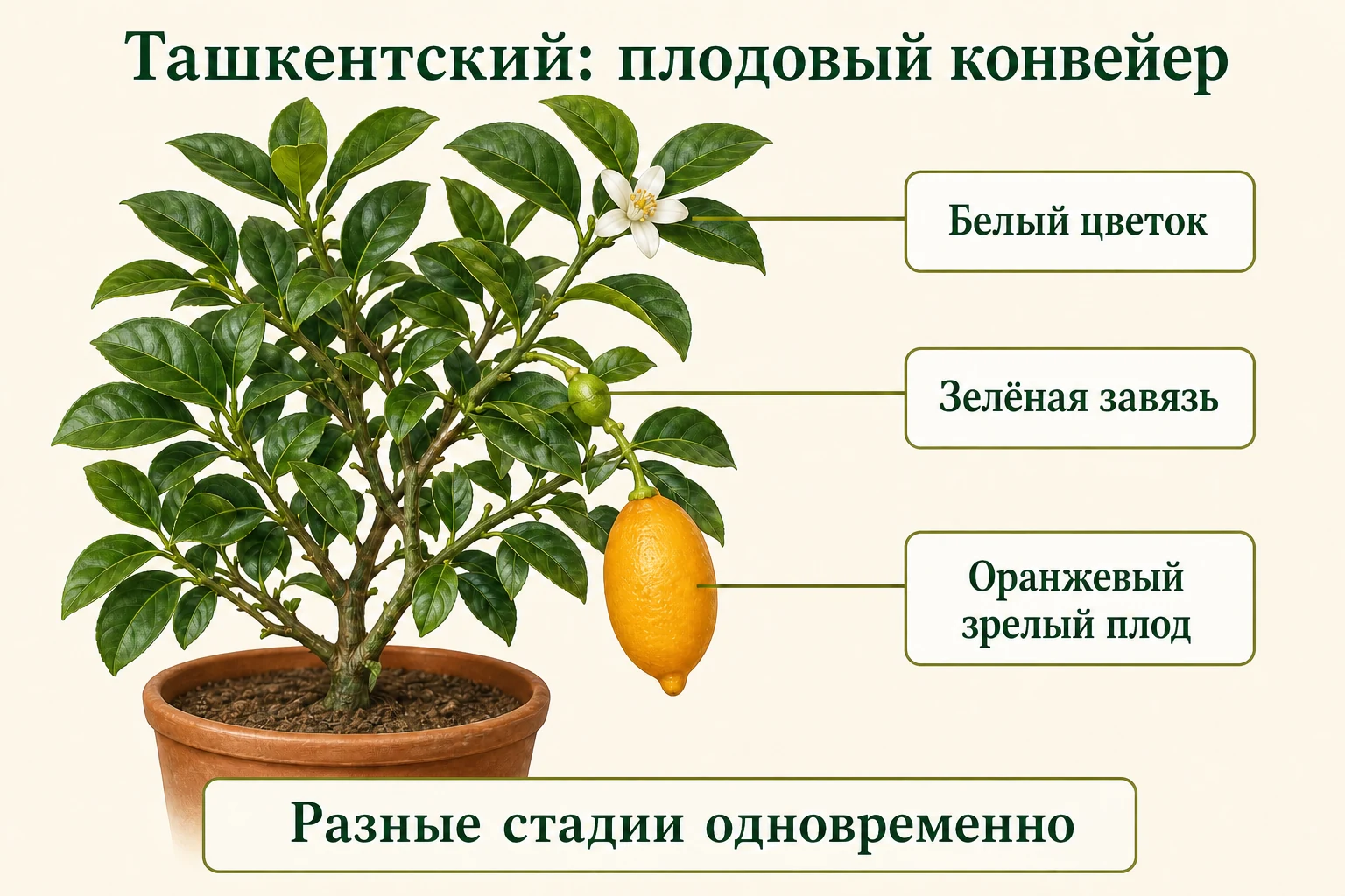 Цветок, зелёная завязь и зрелый оранжевый плод одновременно на живой кроне Ташкентского лимона.