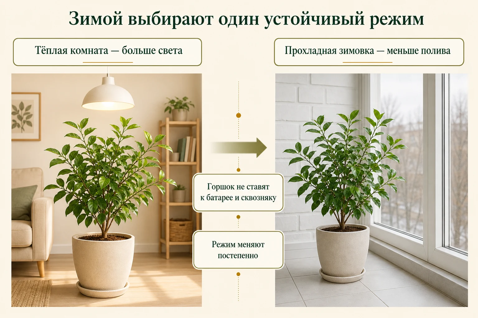 Сравнение тёплой комнатной и прохладной зимовки лимона с разным светом и поливом.