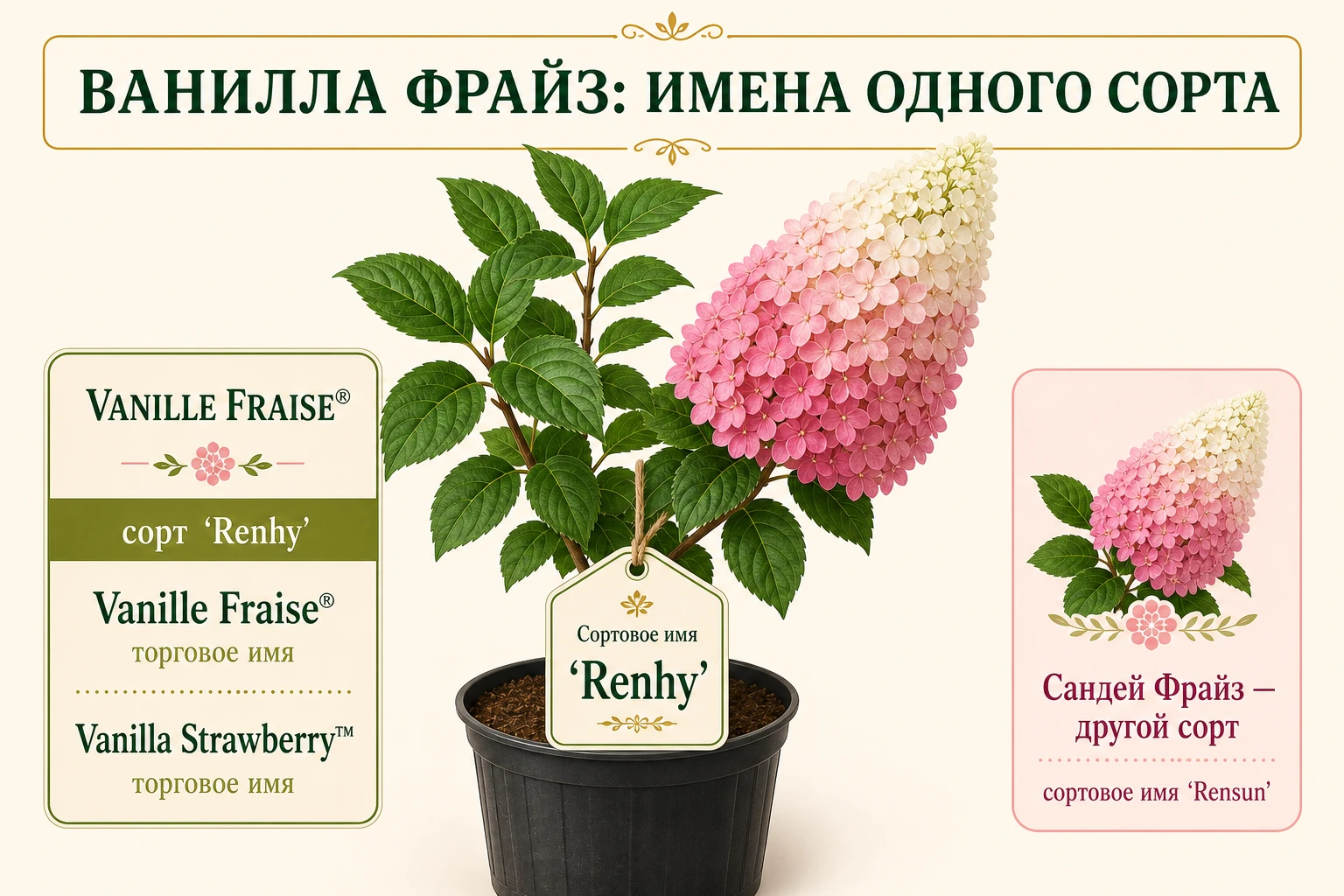 Бирка 'Renhy', два торговых имени Ванилла Фрайз и отдельная карточка созвучного сорта 'Rensun'.