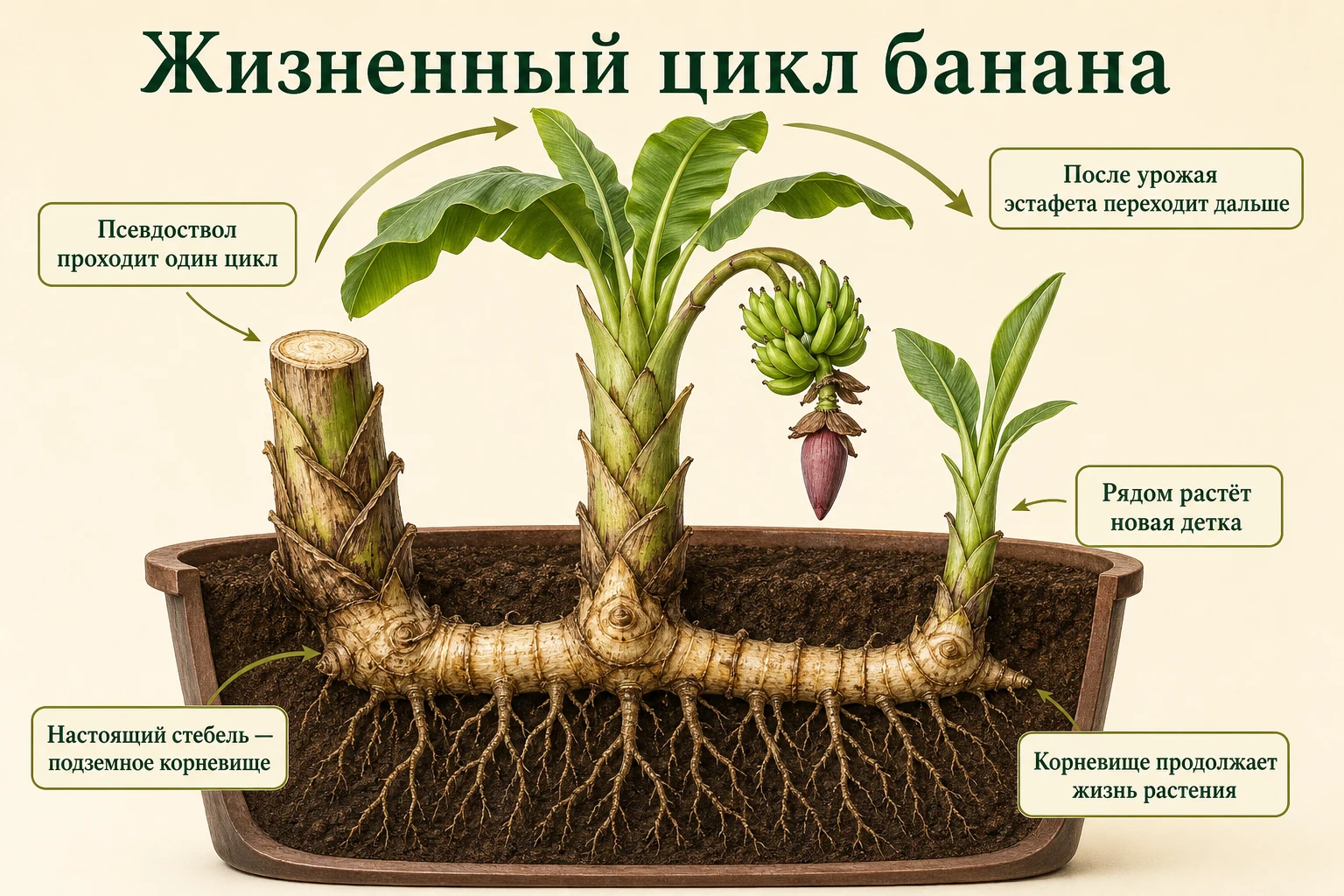 Разрез кадки с корневищем банана, зрелым псевдостволом и новой деткой, продолжающей жизненный цикл.
