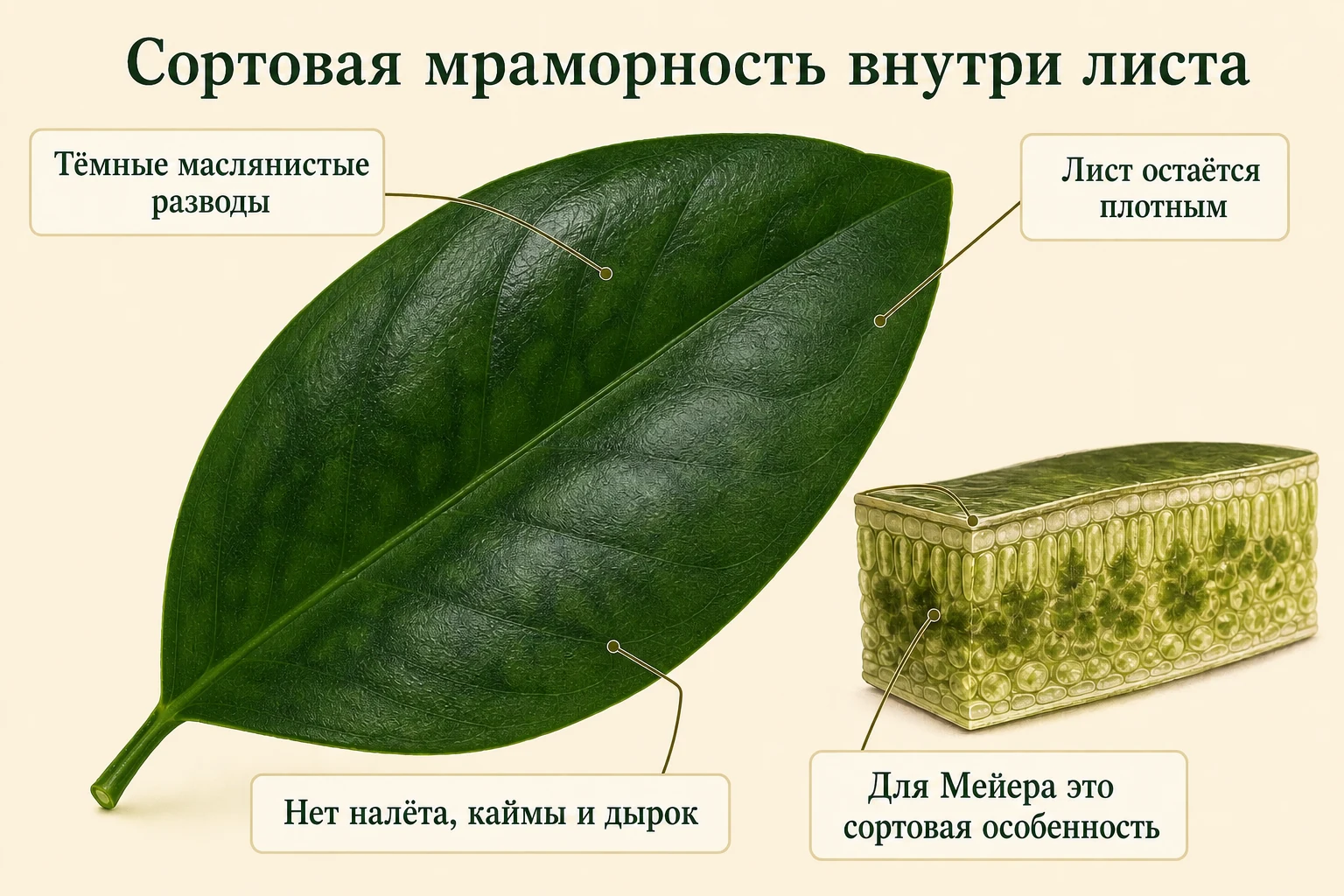 Глянцевый лист лимона Мейера с тёмной маслянистой мраморностью внутри плотной ткани, без налёта и каймы.