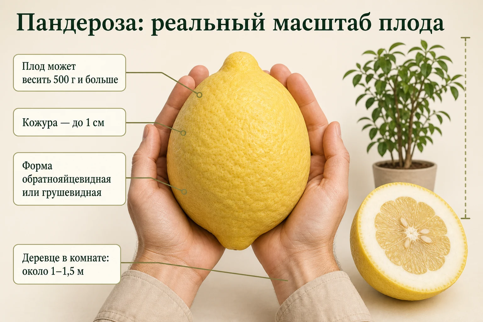 Крупный плод Пандерозы в двух ладонях: масса может достигать 500 г и больше, кожура — до 1 см.