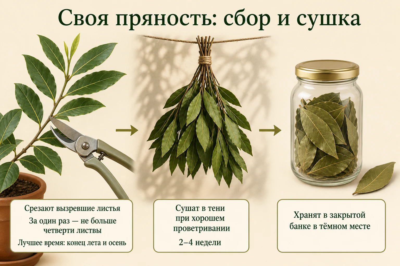 Сбор и сушка лаврового листа: зрелые веточки срезают в конце лета, сушат в тени 2–4 недели и хранят в закрытой банке.