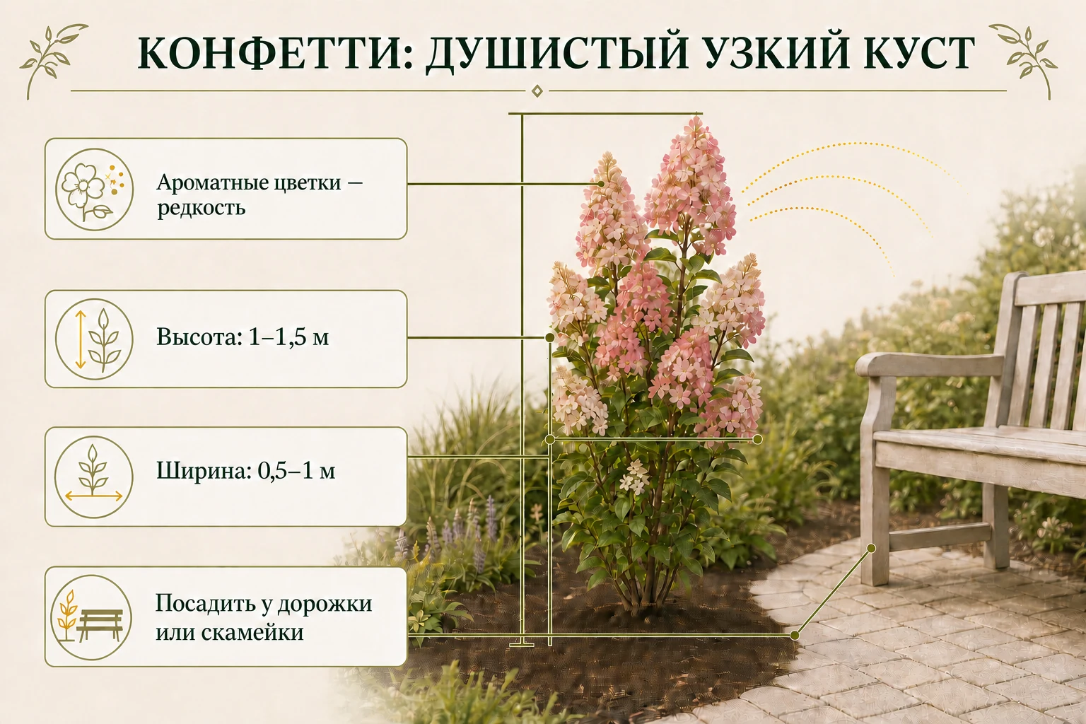 Узкий куст Конфетти с душистыми метёлками рядом с дорожкой и скамьёй.