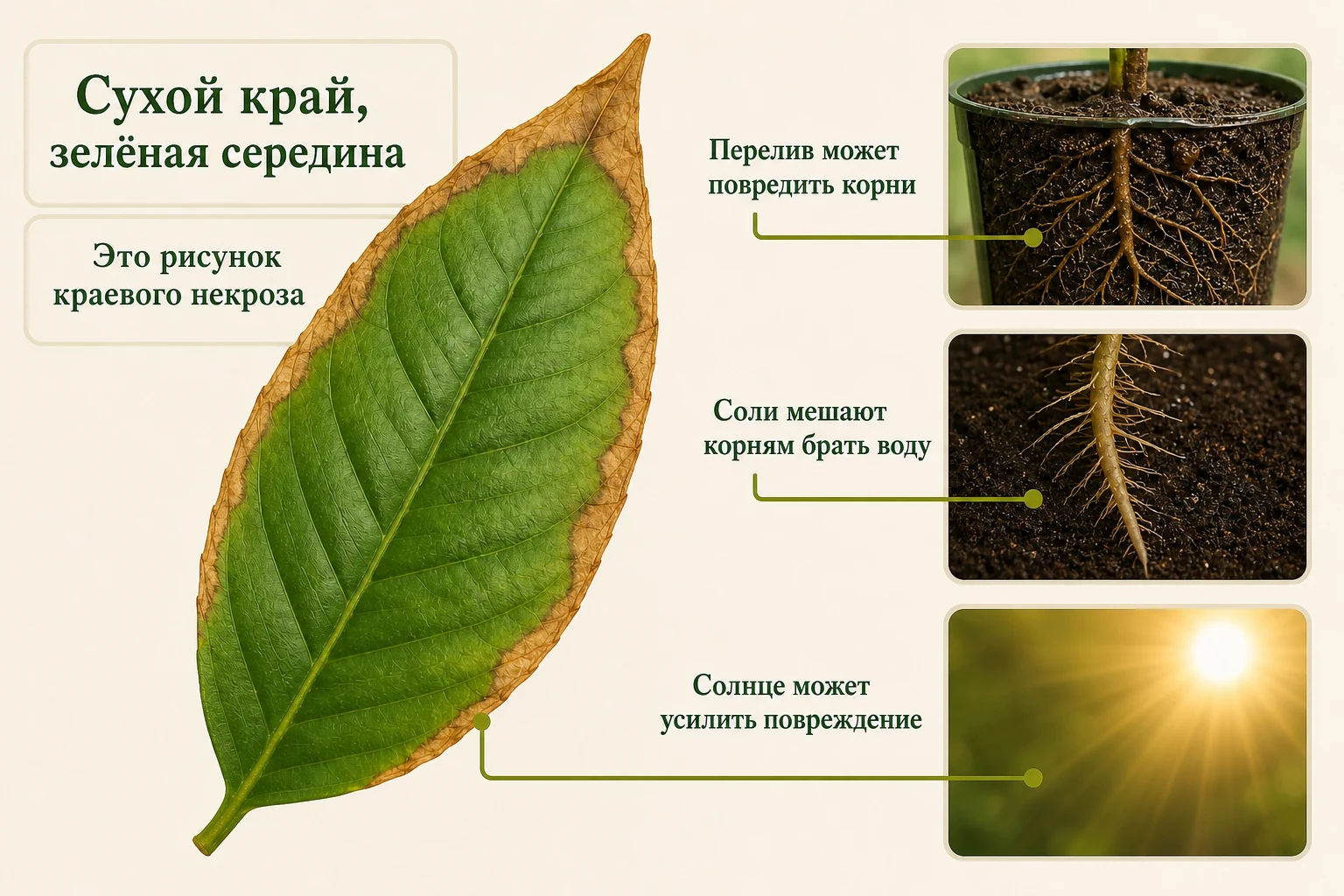 Лист лимона с широкой сухой каймой и зелёной серединой, рядом факторы перелива, солей и солнца.