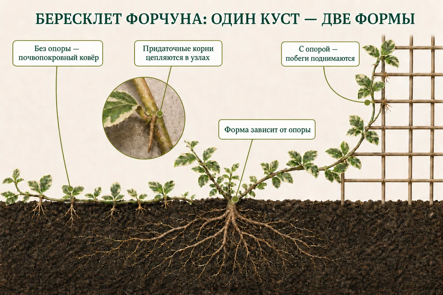 Один бересклет Форчуна стелется без опоры и поднимается по решётке придаточными корнями.