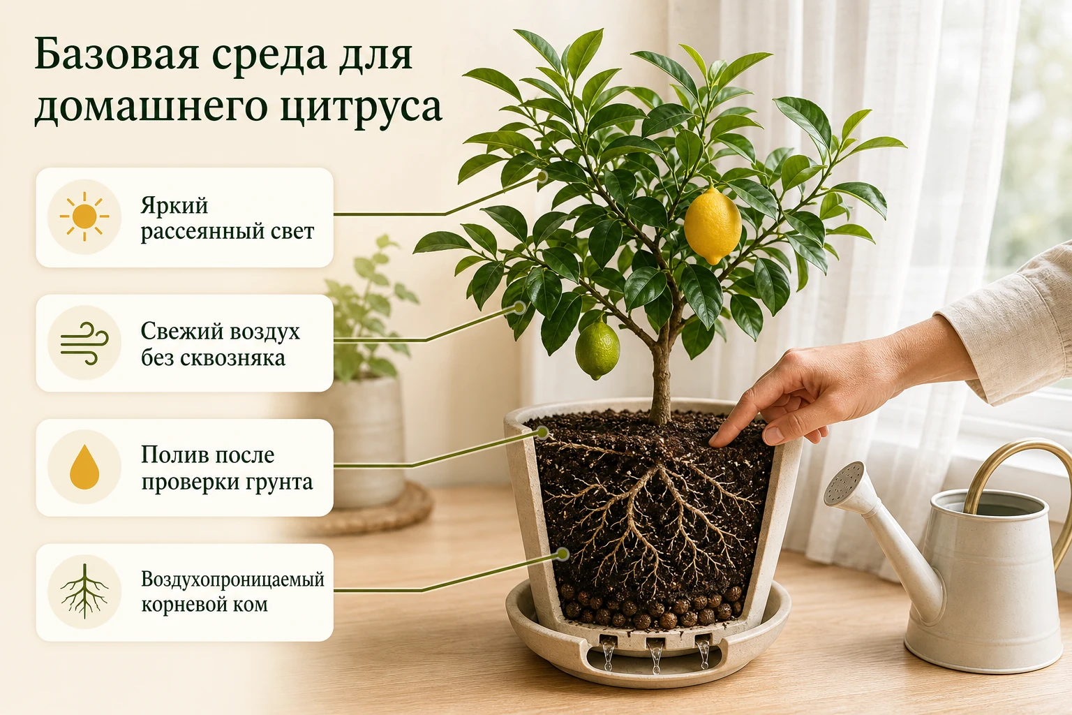 Домашний цитрус у окна с рассеянным светом, проверкой грунта, свежим воздухом без сквозняка и рыхлым корневым комом.