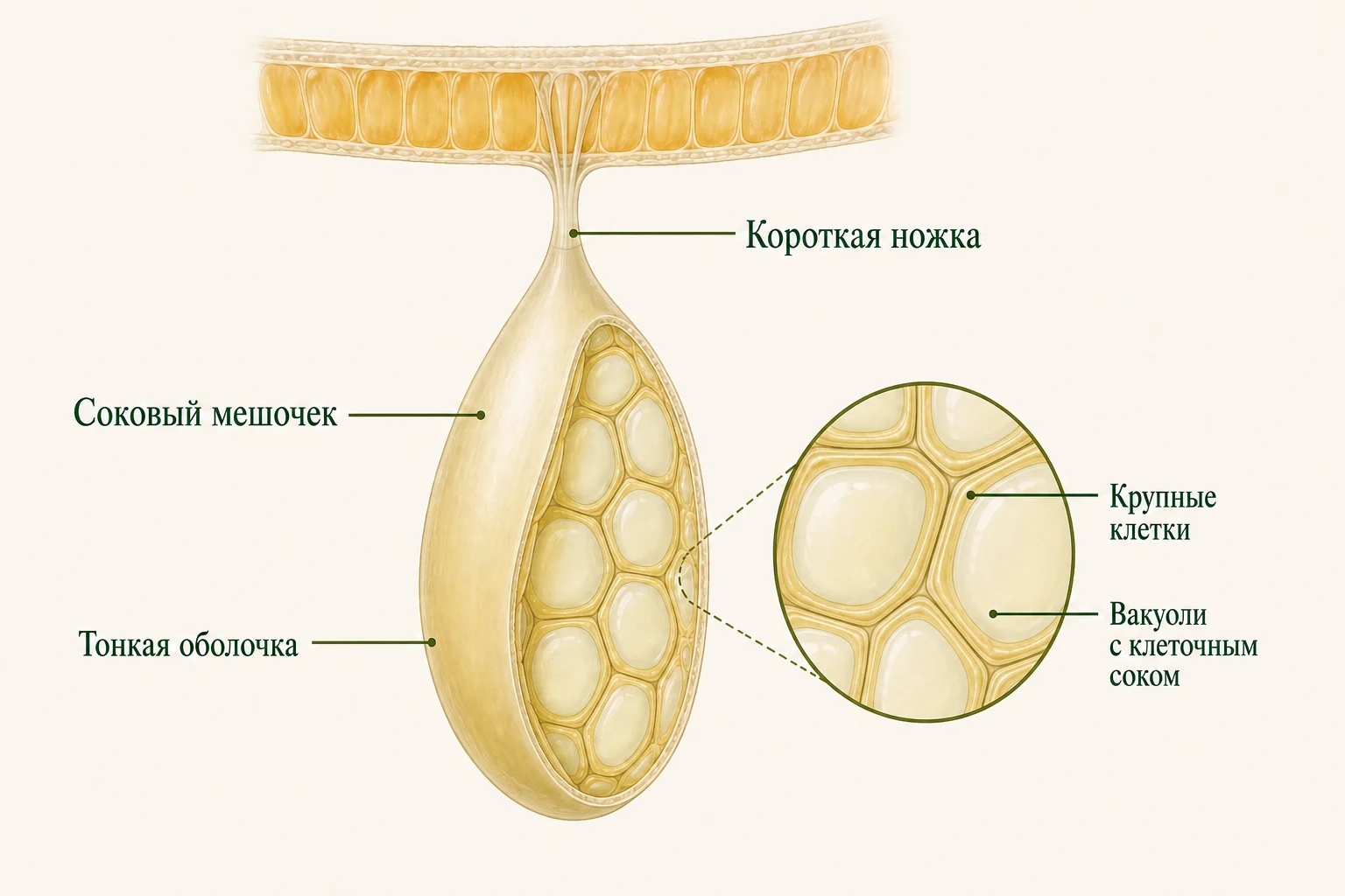 Строение сокового мешочка цитруса: короткая ножка, тонкая оболочка и крупные клетки с вакуолями.