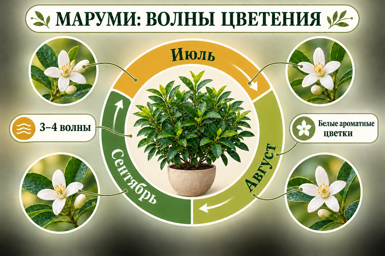 Летний круговой ритм трёх-четырёх волн белого цветения круглого кумквата Маруми.