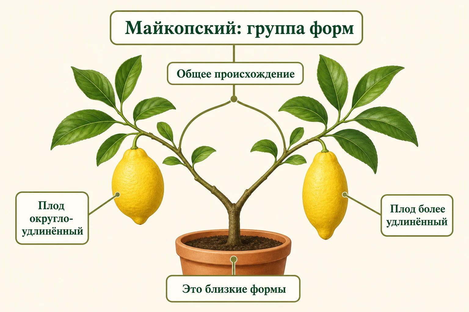 Две близкие формы Майкопского лимона с округло-удлинённым и более удлинённым плодом общего происхождения.