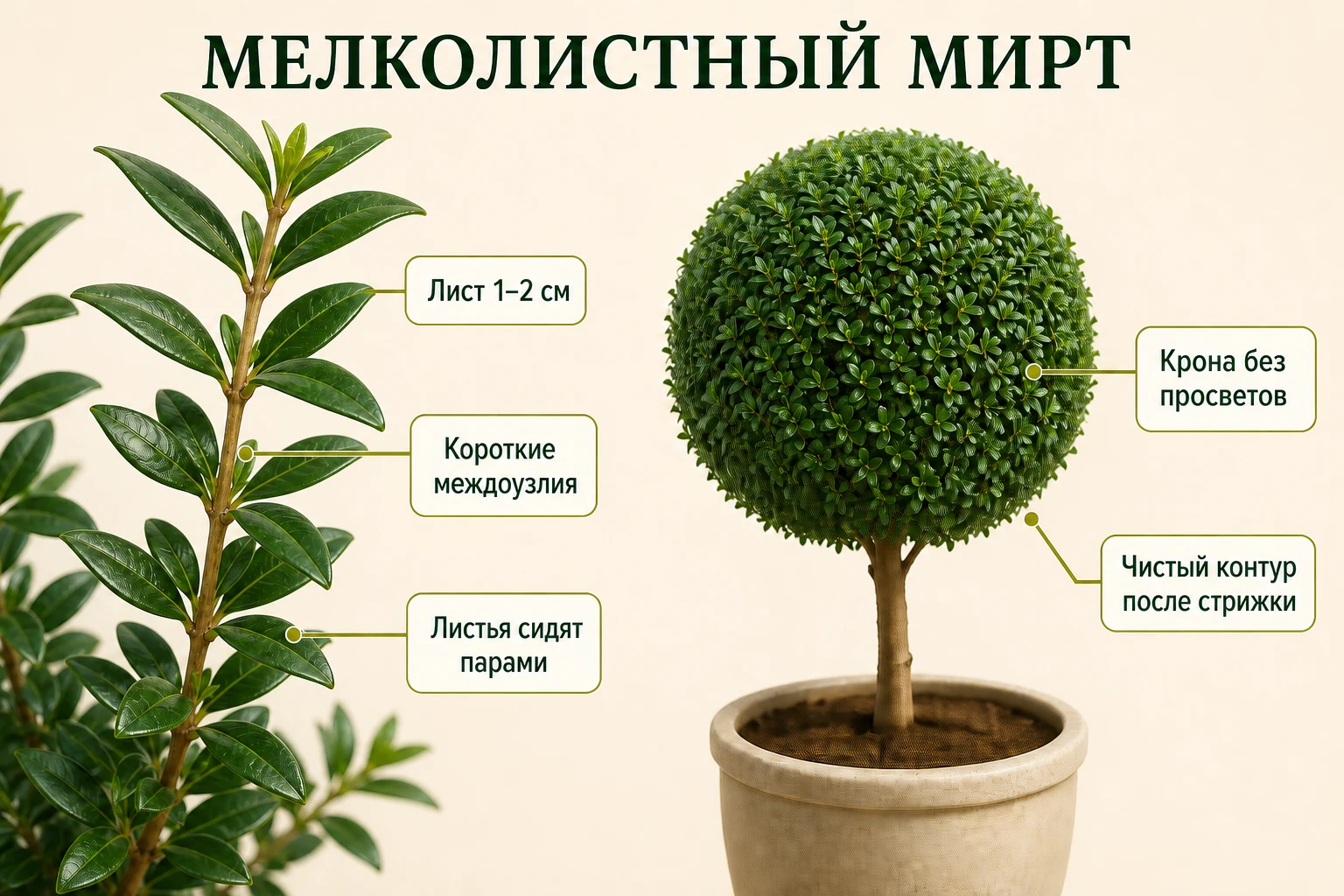 Мелколистный мирт с короткими междоузлиями и плотной кроной, удобной для геометрической стрижки.