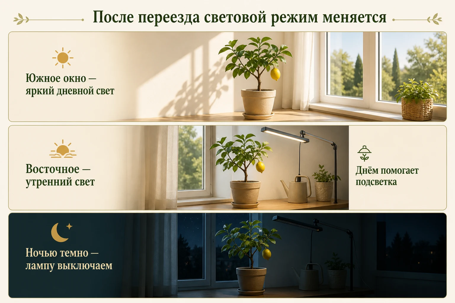 Три стадии смены света: яркий день на южном окне, утренний свет с дневной подсветкой на восточном и тёмная ночь с выключенной лампой.