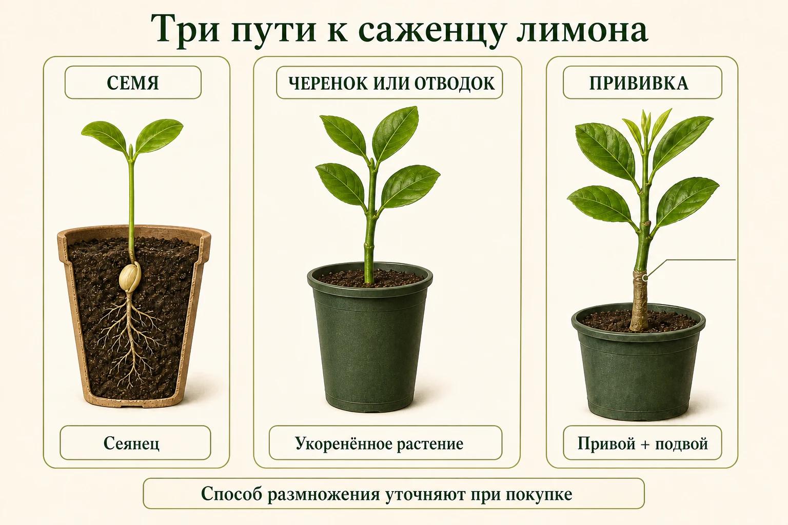 Три пути к саженцу лимона: сеянец из семени, укоренённое растение из черенка или отводка и привитый саженец из привоя и подвоя.