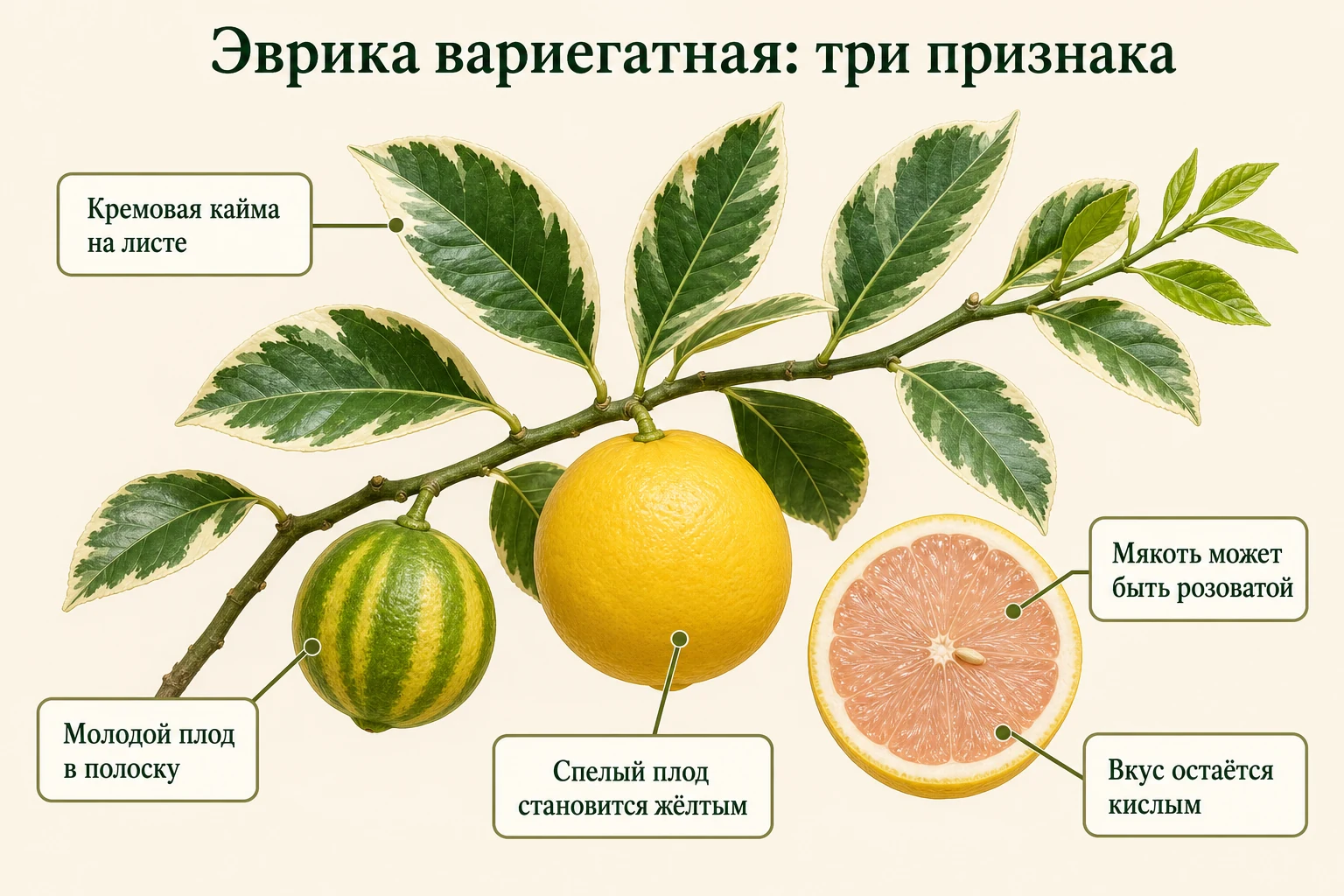 Признаки вариегатной Эврики: кремовая кайма листа, полосатый молодой плод и розоватая мякоть зрелого лимона.