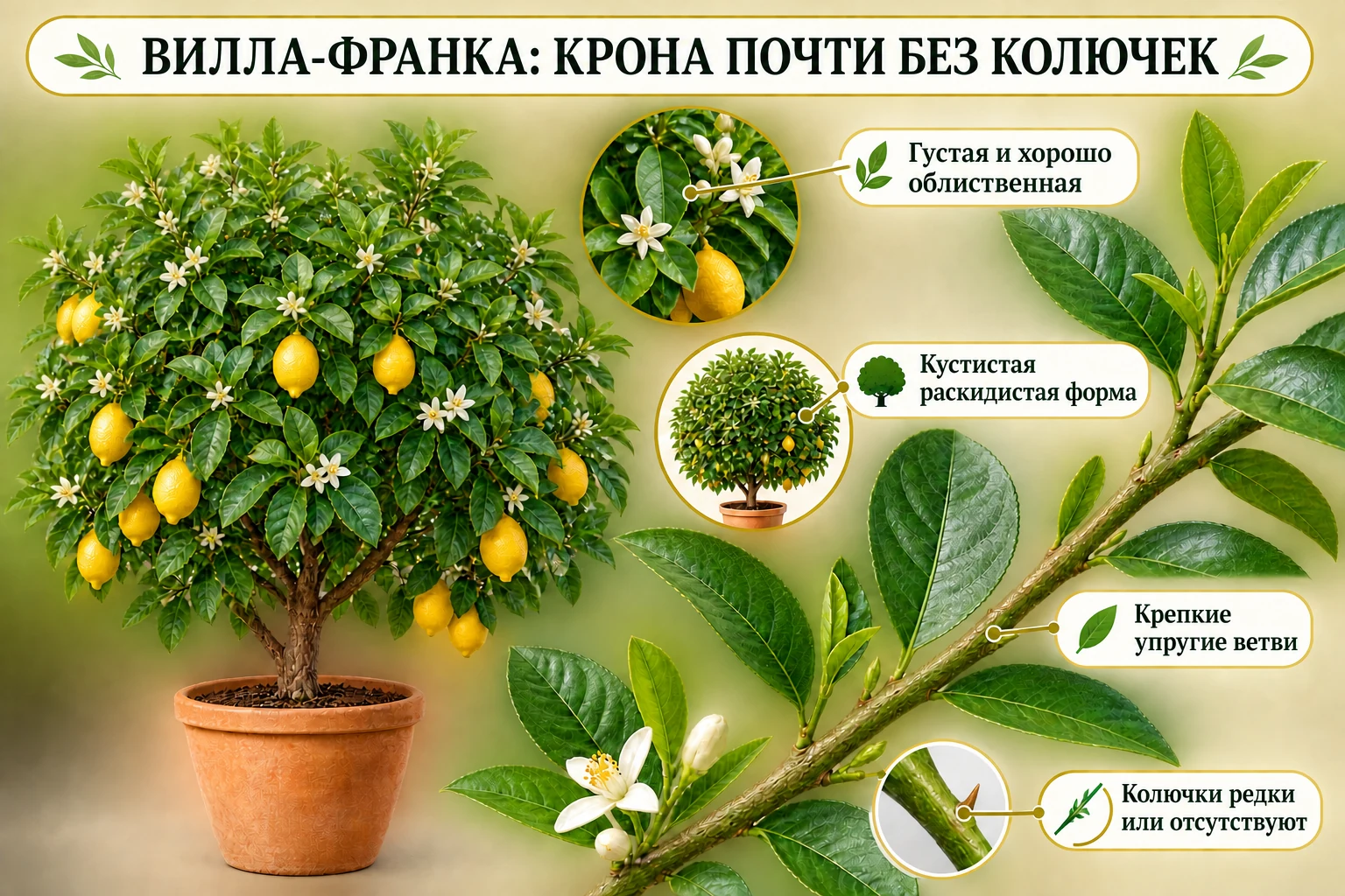 Густая крона лимона Вилла-Франка с крепкими ветвями и почти без колючек.