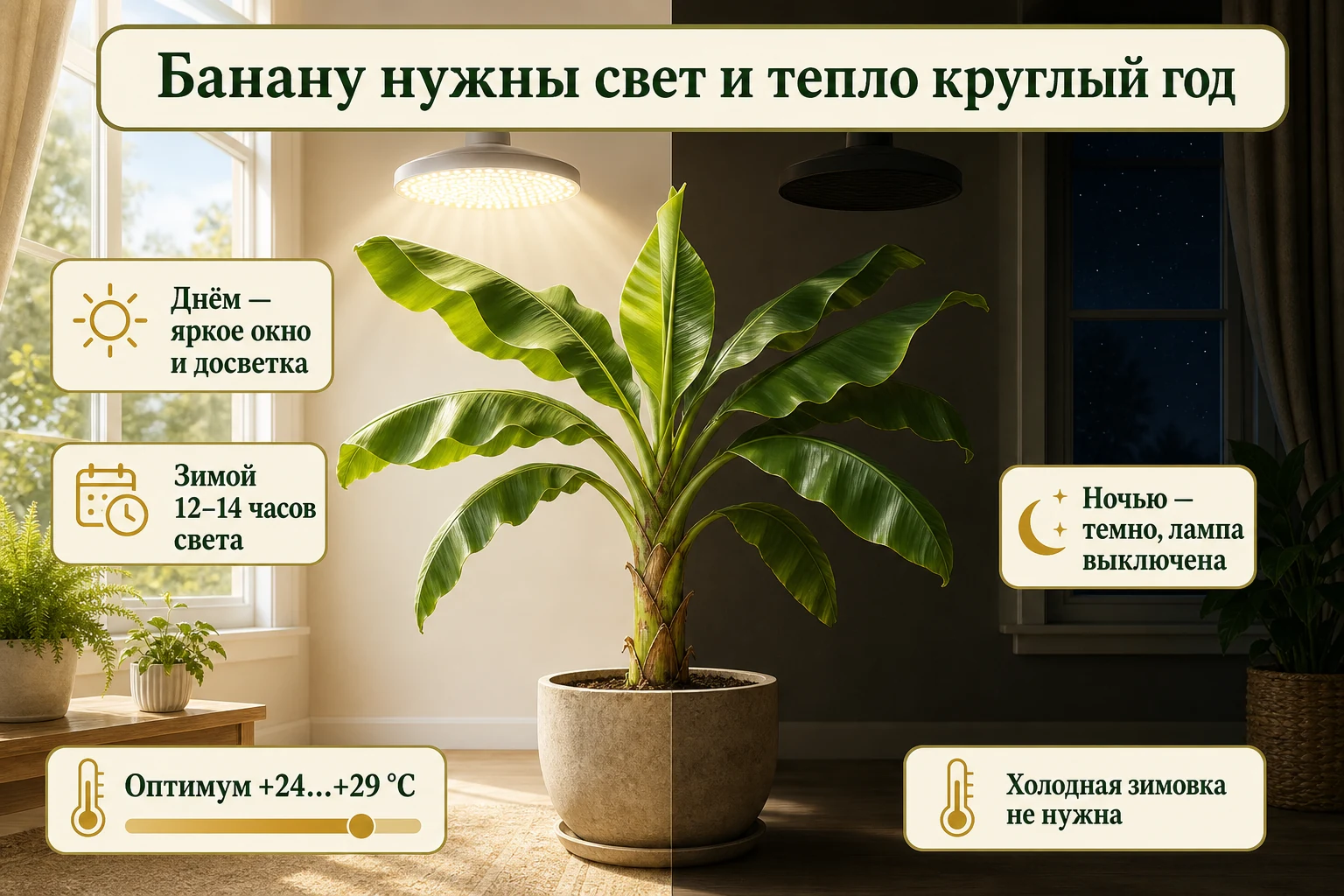 Комнатный банан в единой сцене дня и обязательной тёмной ночи с температурой +24…+29 °C и зимней досветкой.