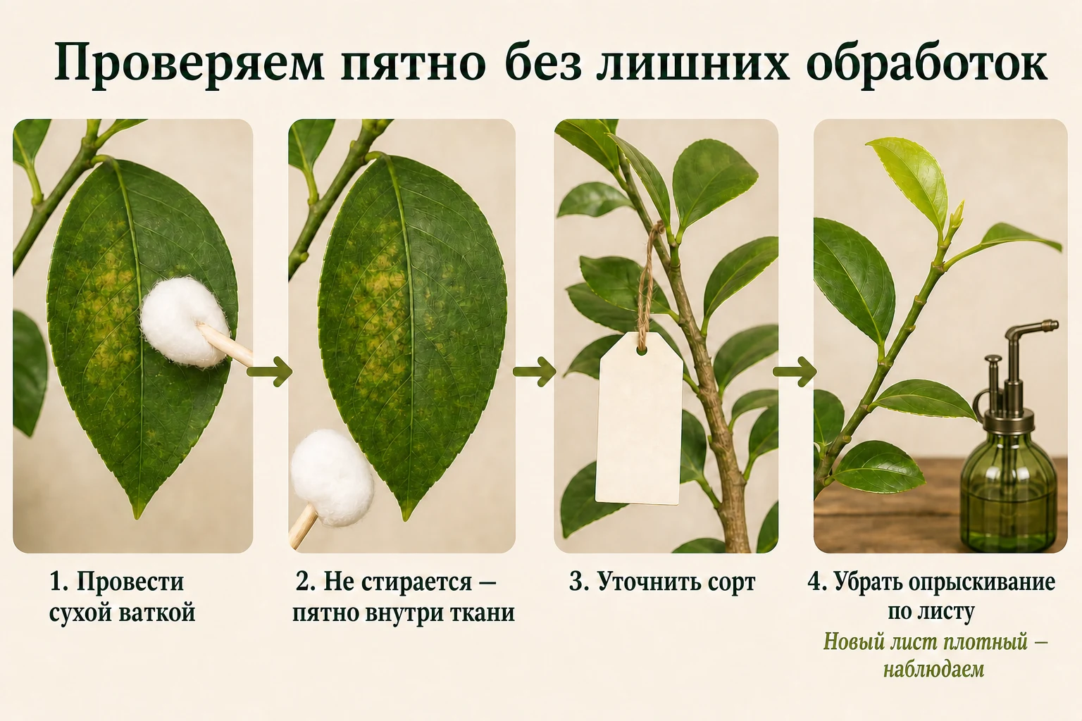 Четыре шага проверки жирового пятна: сухая ватка, уточнение сорта, отказ от опрыскивания и наблюдение за новым листом.