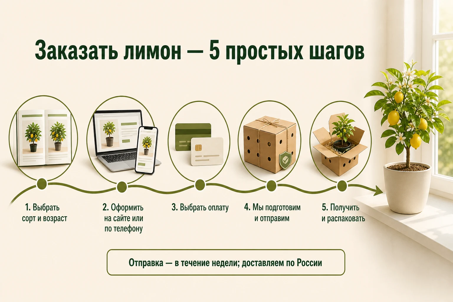 Пять шагов заказа саженца лимона: выбрать растение, оформить заказ, выбрать оплату, дождаться отправки и получить посылку.