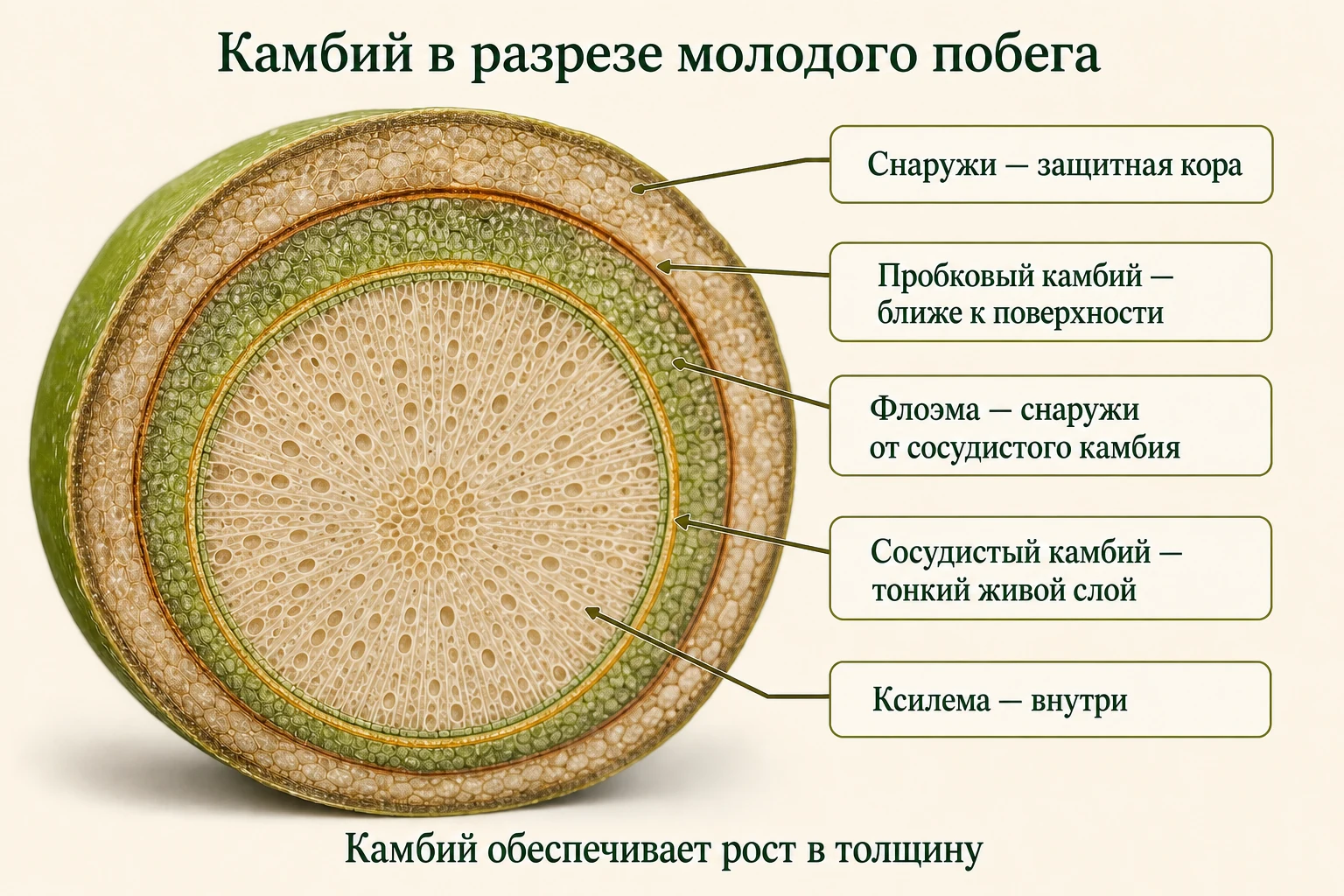 Поперечный разрез молодого побега с корой, пробковым камбием, флоэмой, тонким сосудистым камбием и ксилемой.