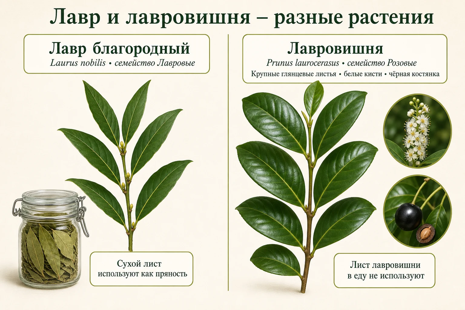 Сравнение лавра и лавровишни: Laurus nobilis используют как пряность, а крупнолистную Prunus laurocerasus в еду не используют.