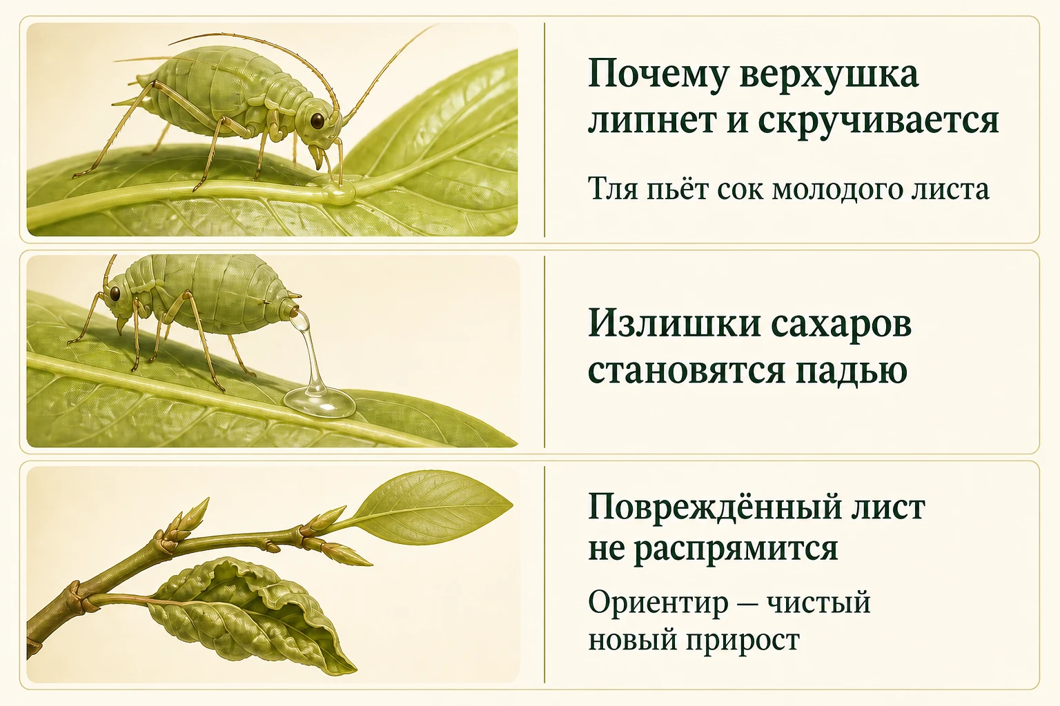 Механизм липкости и скручивания при тле: питание соком, выделение пади и оценка состояния по чистому новому приросту.