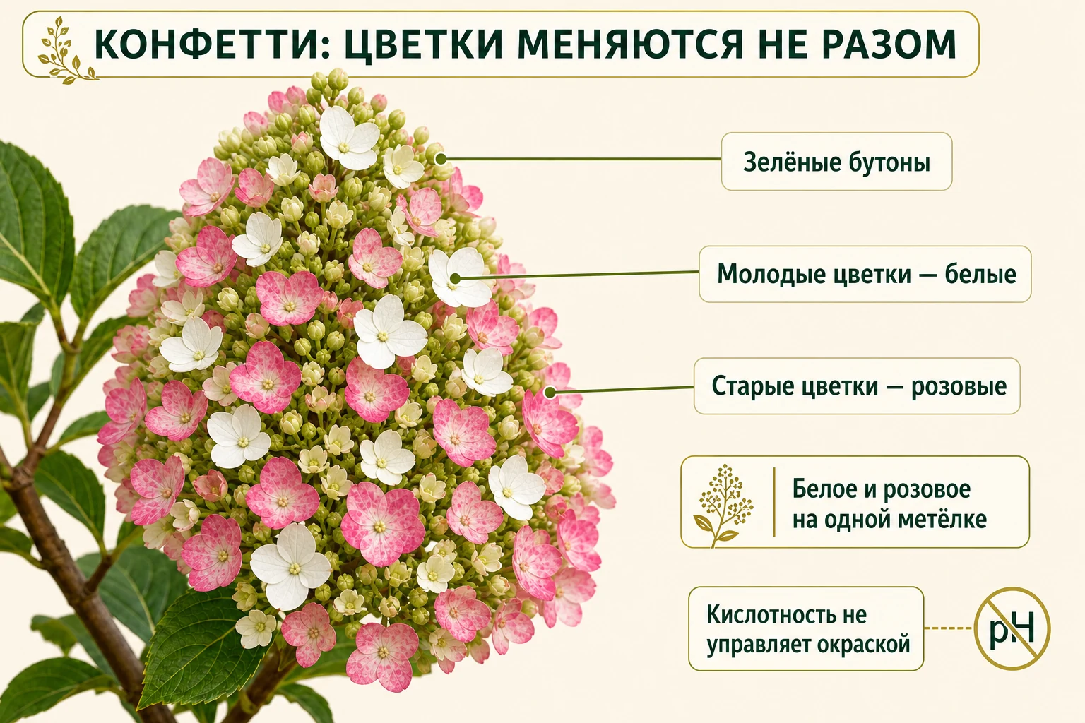 Одна метёлка Конфетти с зелёными бутонами, белыми молодыми и розовыми старыми цветками одновременно.