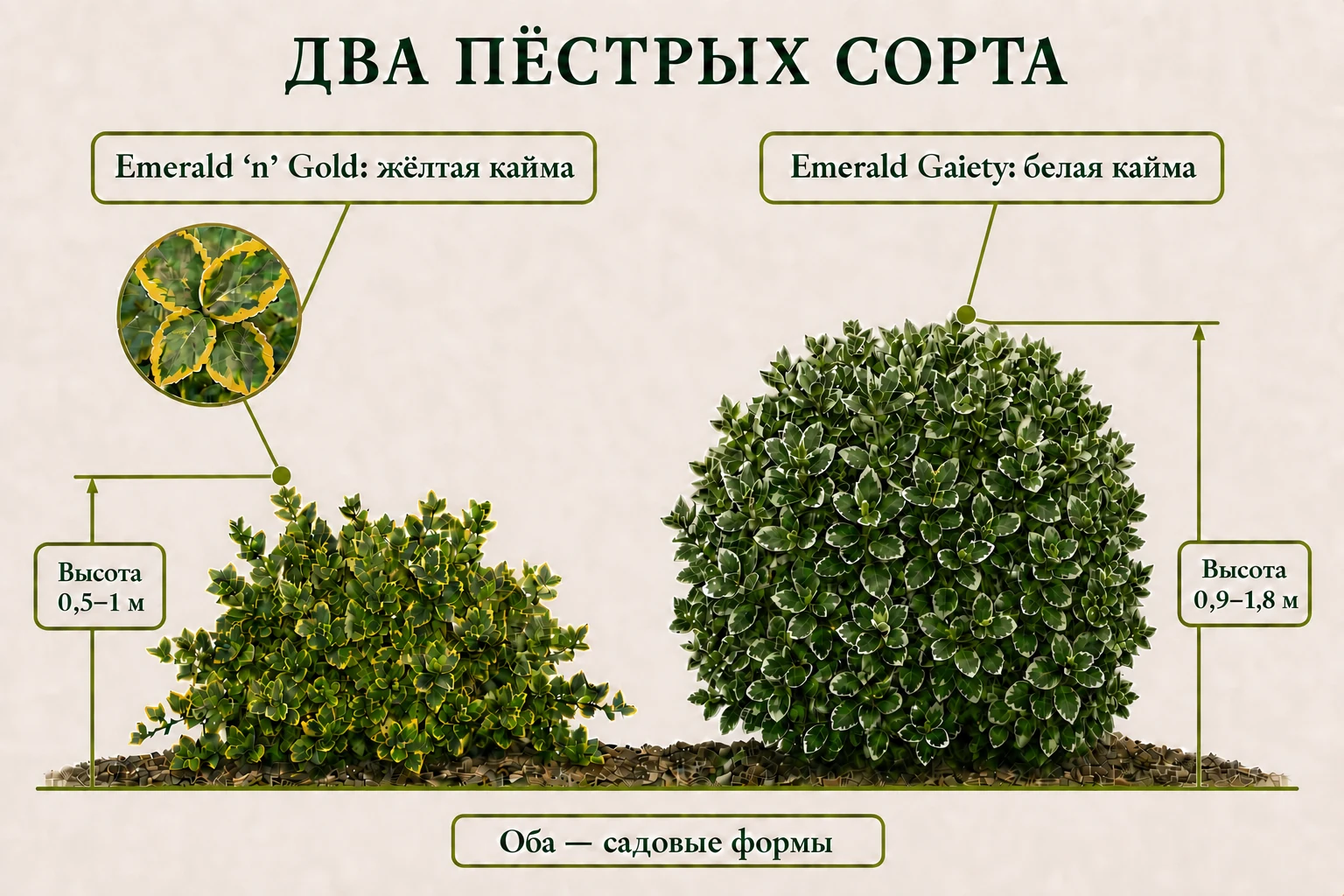 Сравнение жёлтоокаймлённого Emerald ‘n’ Gold и белоокаймлённого Emerald Gaiety по высоте.