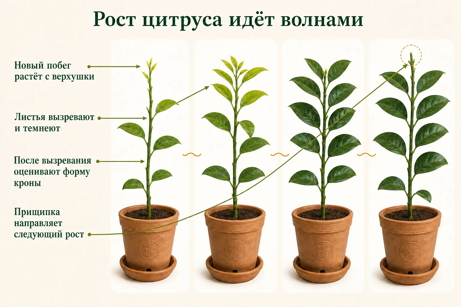 Четыре фазы волны роста цитруса от терминального прироста до оценки формы и аккуратной прищипки верхушки.