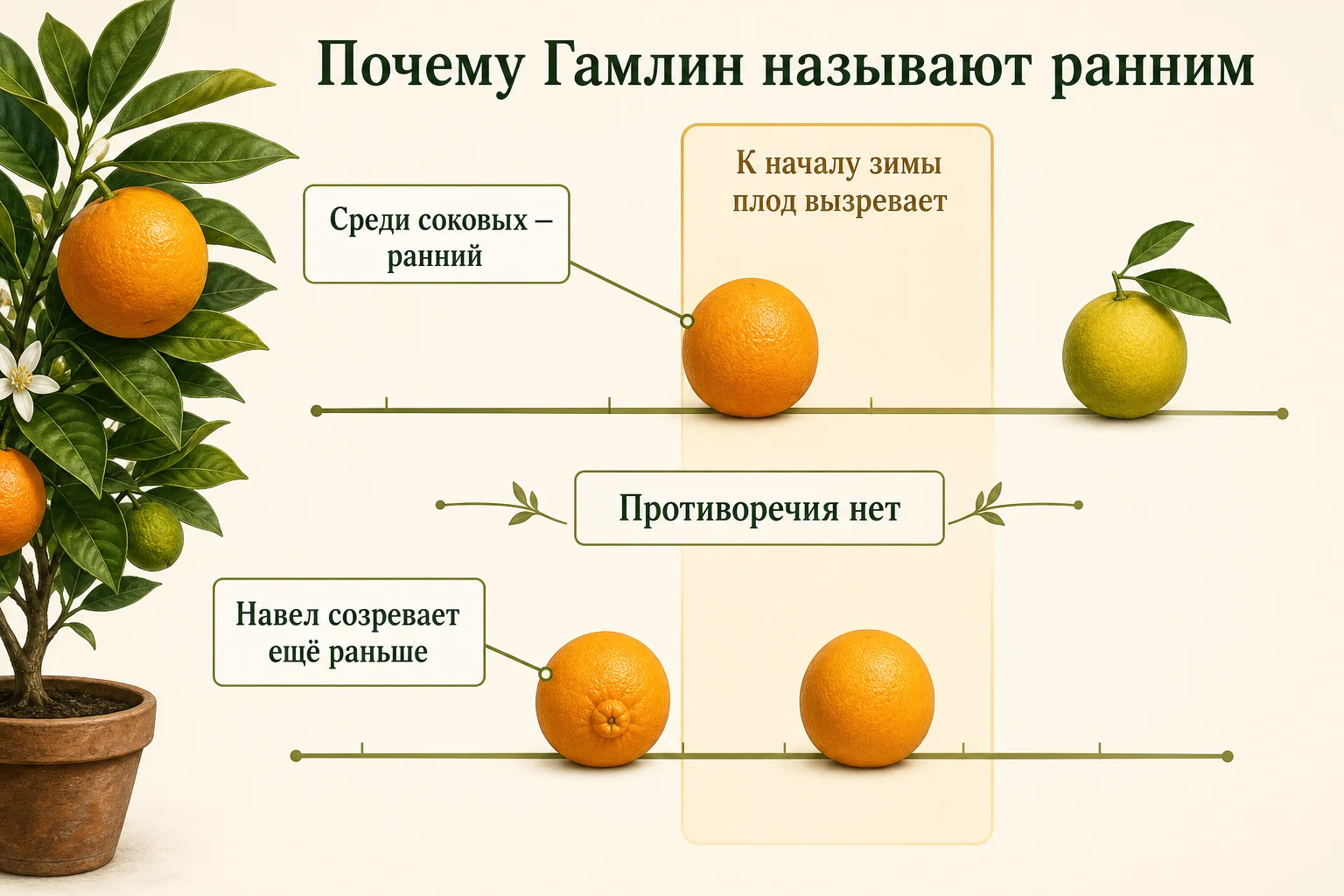 Схема относительных сроков показывает Гамлин ранним среди соковых апельсинов и навел, который созревает ещё раньше.