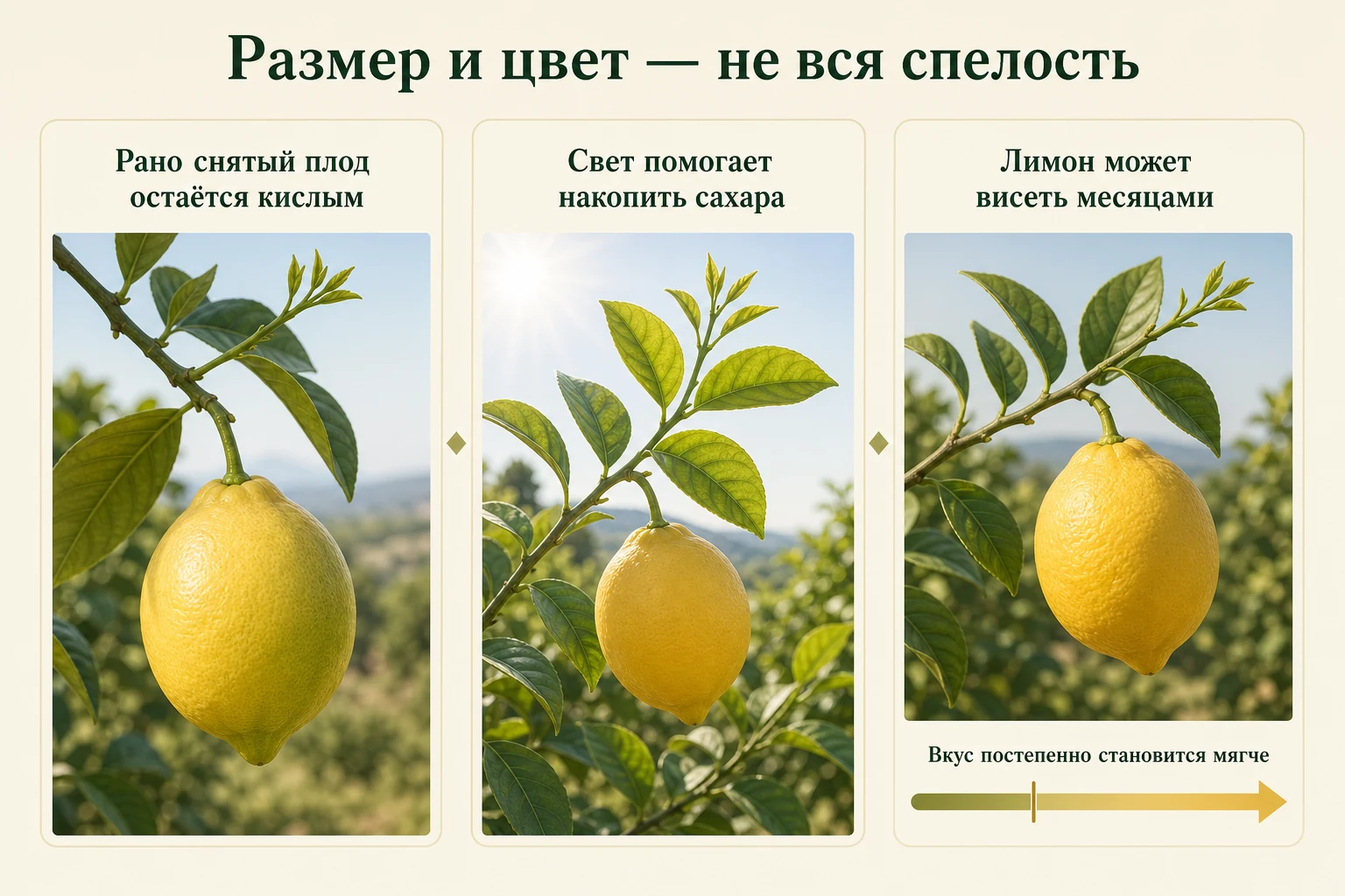 Три стадии созревания лимона на ветке: полный размер, накопление сахаров при свете и постепенное смягчение вкуса со временем.
