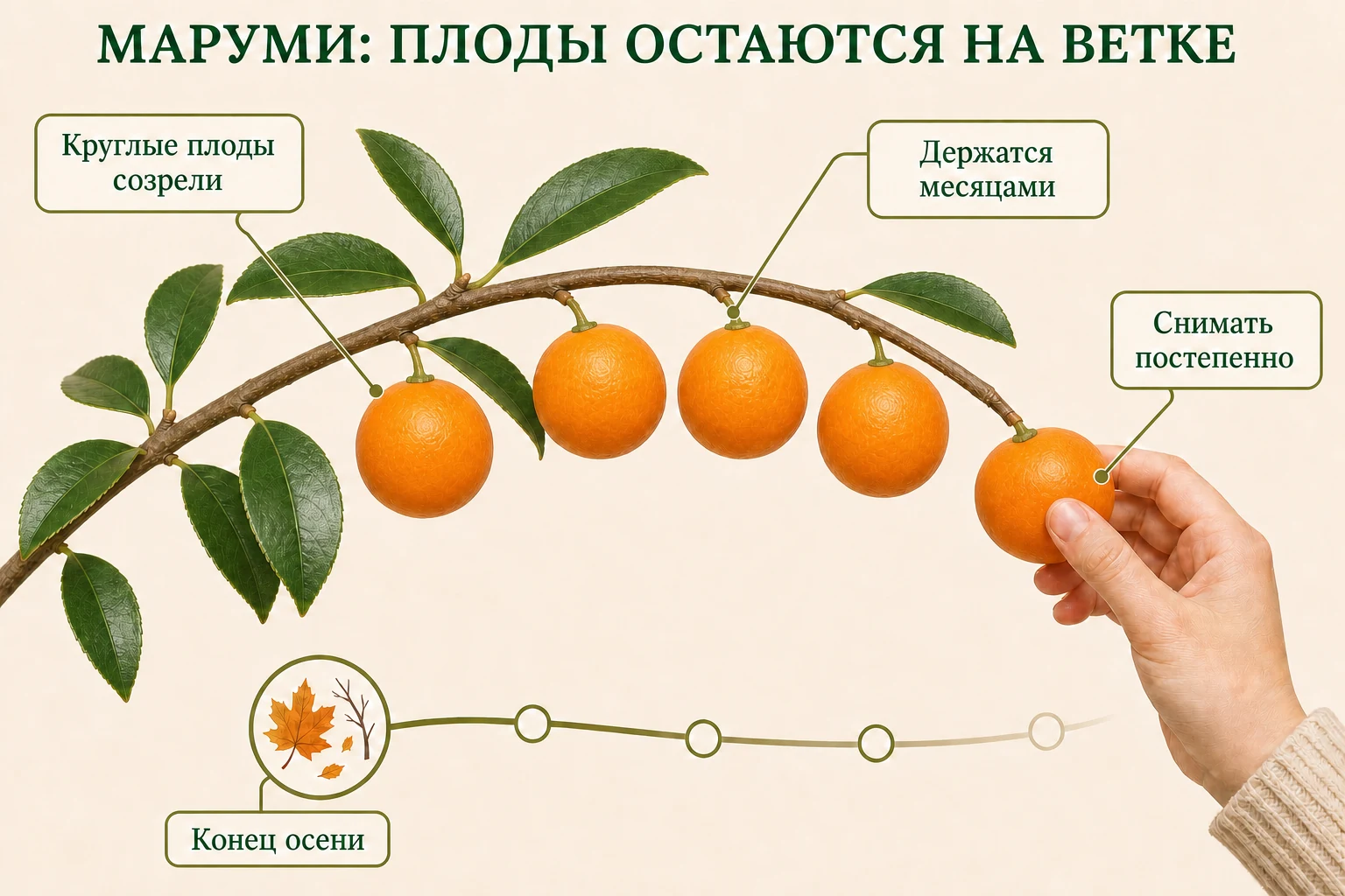 Ветвь Маруми с круглыми зрелыми плодами, которые держатся после конца осени и снимаются постепенно.