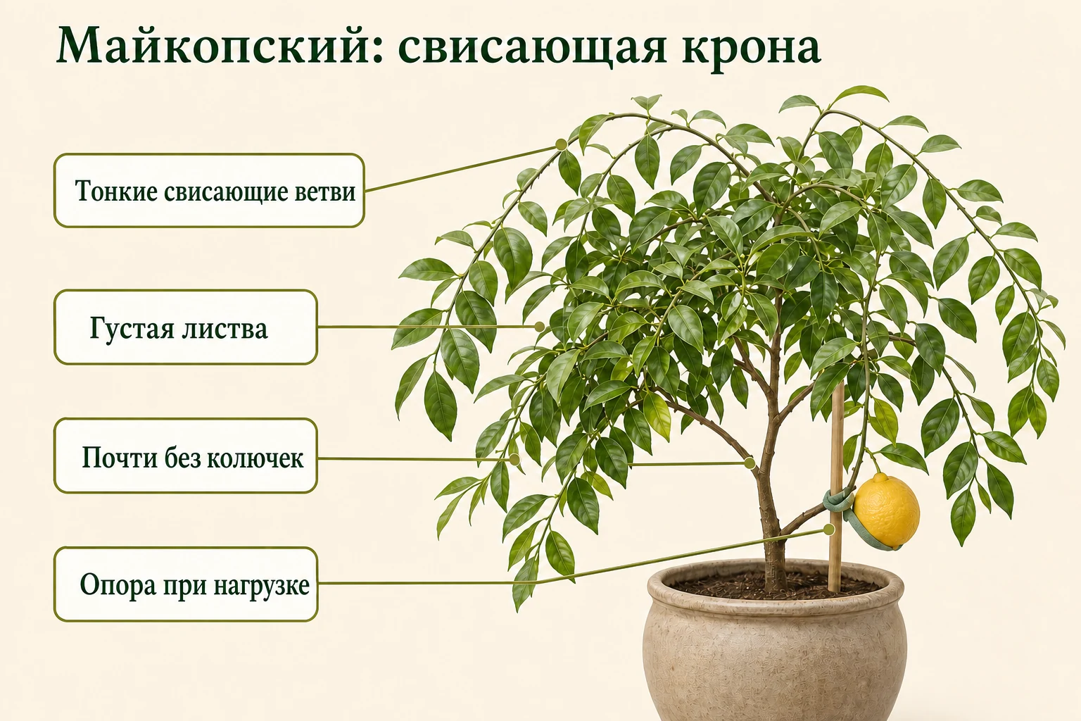 Свисающая густая крона Майкопского лимона с поддержанной опорой плодовой ветвью.