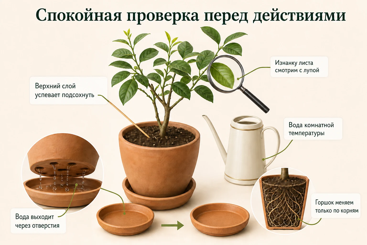 У лимона Мейера проверяют свободный дренаж, просыхание грунта, температуру воды, изнанку листьев и тесноту горшка до дополнительных действий.