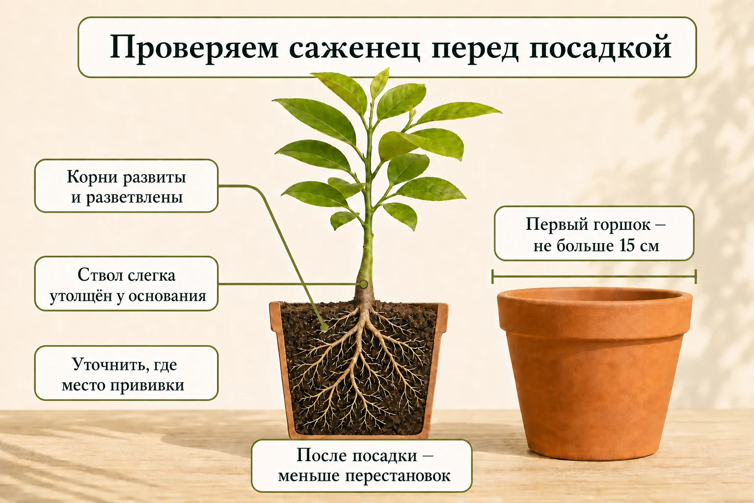 Перед посадкой проверяют разветвлённые корни и основание ствола, уточняют место прививки и выбирают первый горшок до 15 сантиметров.