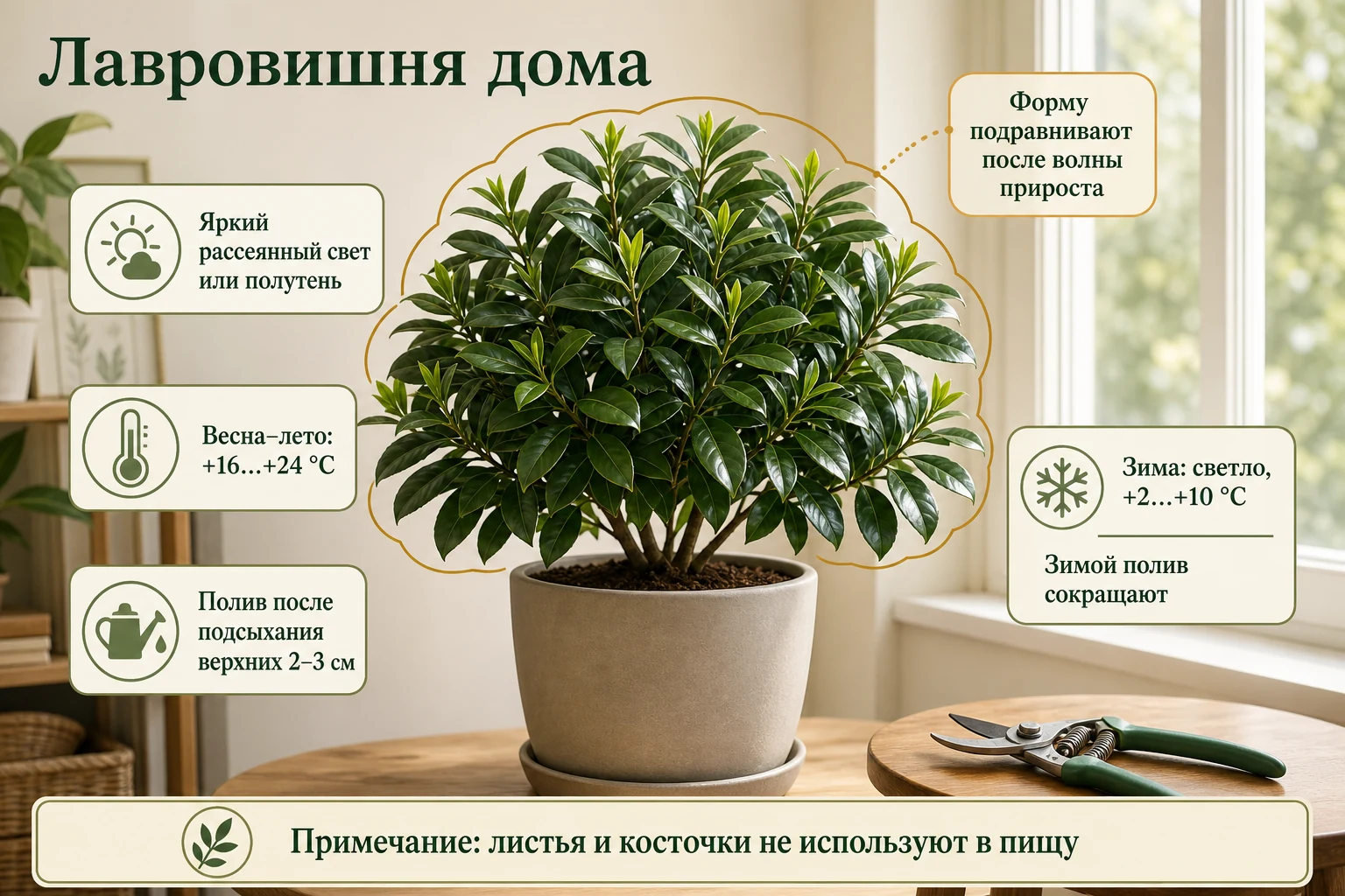 Лавровишня у светлого окна: рассеянный свет, сезонный полив, зимовка +2…+10 °C и аккуратная формировка после прироста.