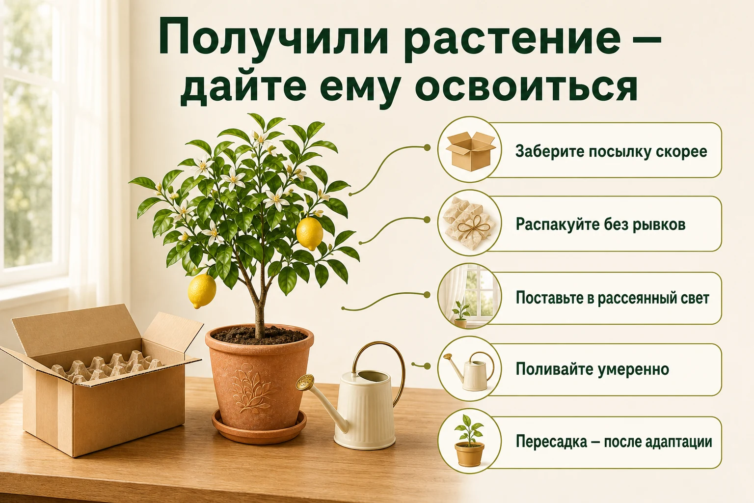 Памятка после получения лимона: быстро забрать посылку, аккуратно распаковать, дать рассеянный свет, умеренно поливать и отложить пересадку.