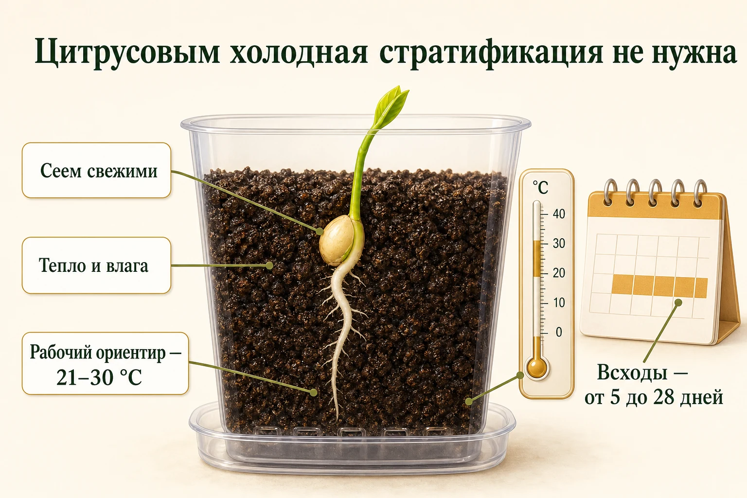 Свежие семена цитрусовых прорастают во влажном субстрате в тепле без холодной стратификации.