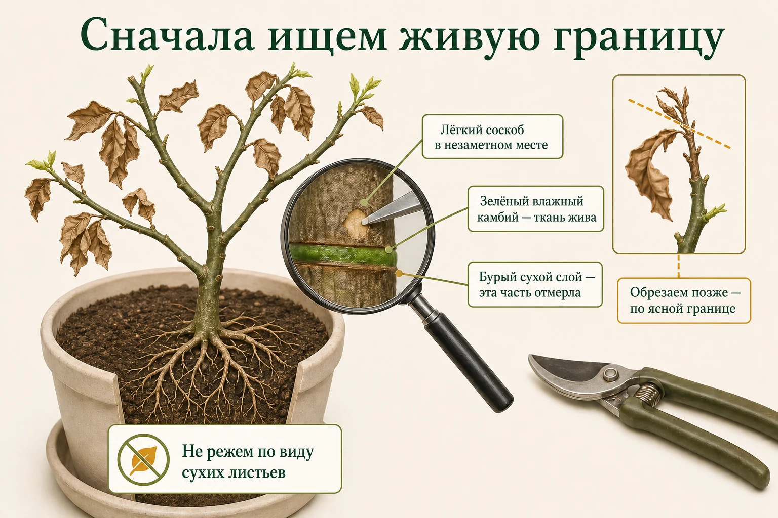 Жизнеспособность засушенного лайма проверяют лёгким соскобом коры и откладывают обрезку до ясной сухой границы.