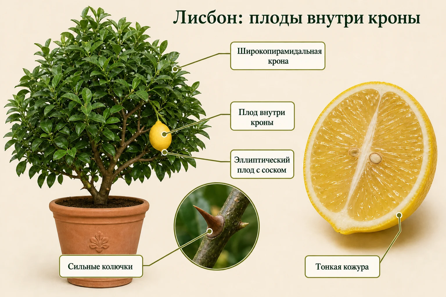 Широкопирамидальная крона лимона Лисбон с колючками и эллиптическим плодом внутри кроны.
