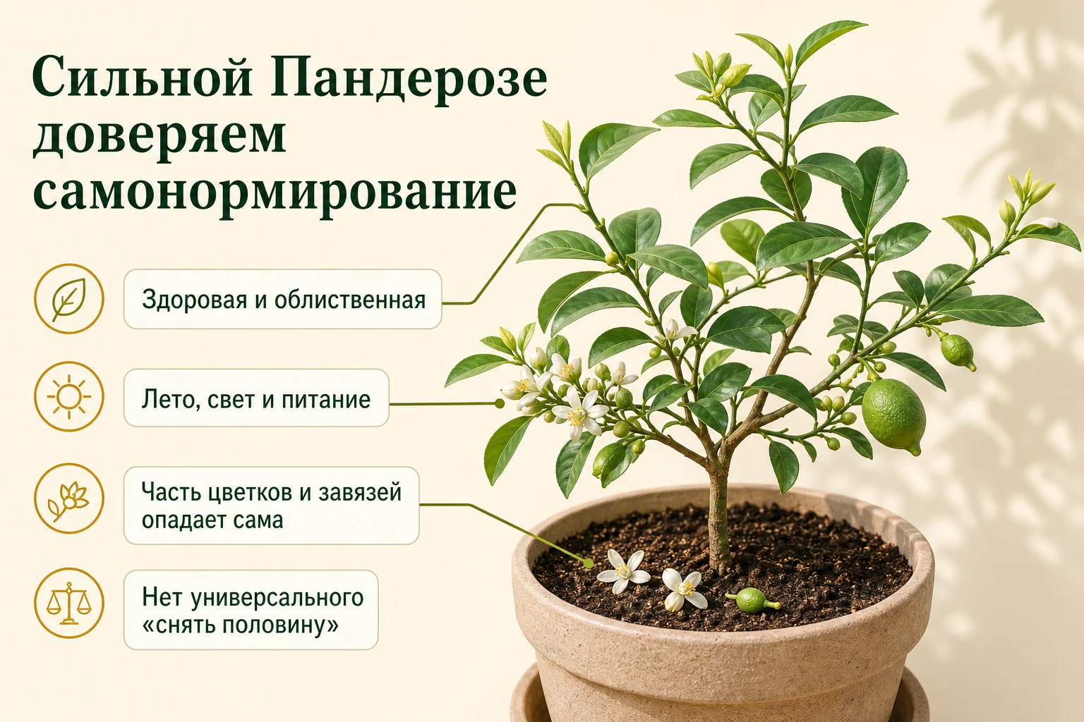 Здоровая молодая Пандероза летом сама сбрасывает часть цветков и завязей при хорошем свете и уходе.