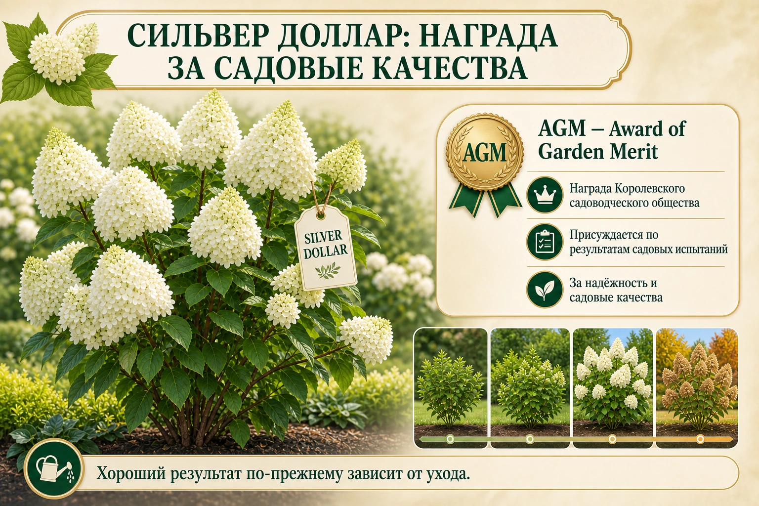 Куст Сильвер Доллар с нейтральной медалью AGM и схемой садовых испытаний.