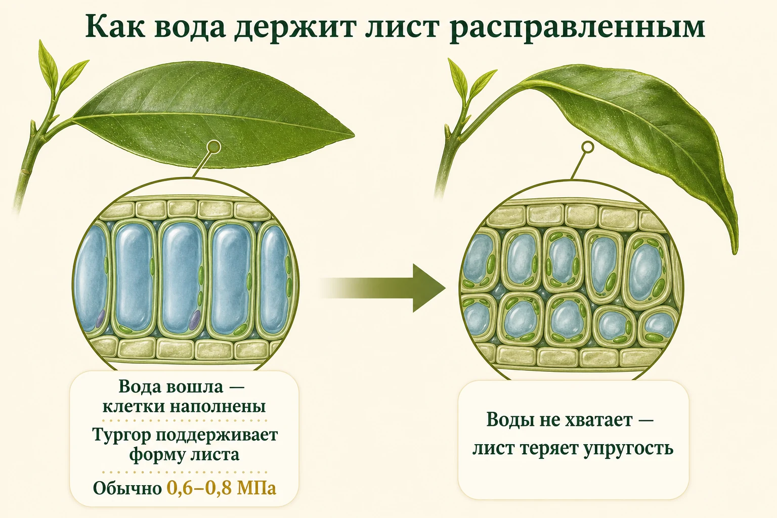 Наполненные водой клетки поддерживают расправленный лист, а при потере воды тургор снижается и лист теряет упругость.
