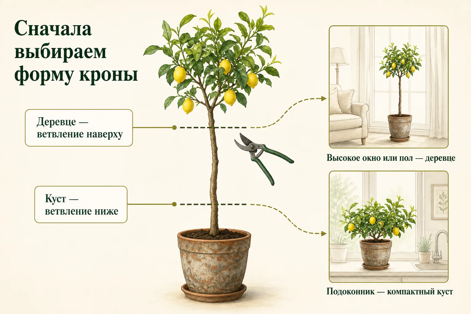 Схема выбора высоты обрезки лимона: высокая крона для деревца и низкое ветвление для компактного куста.