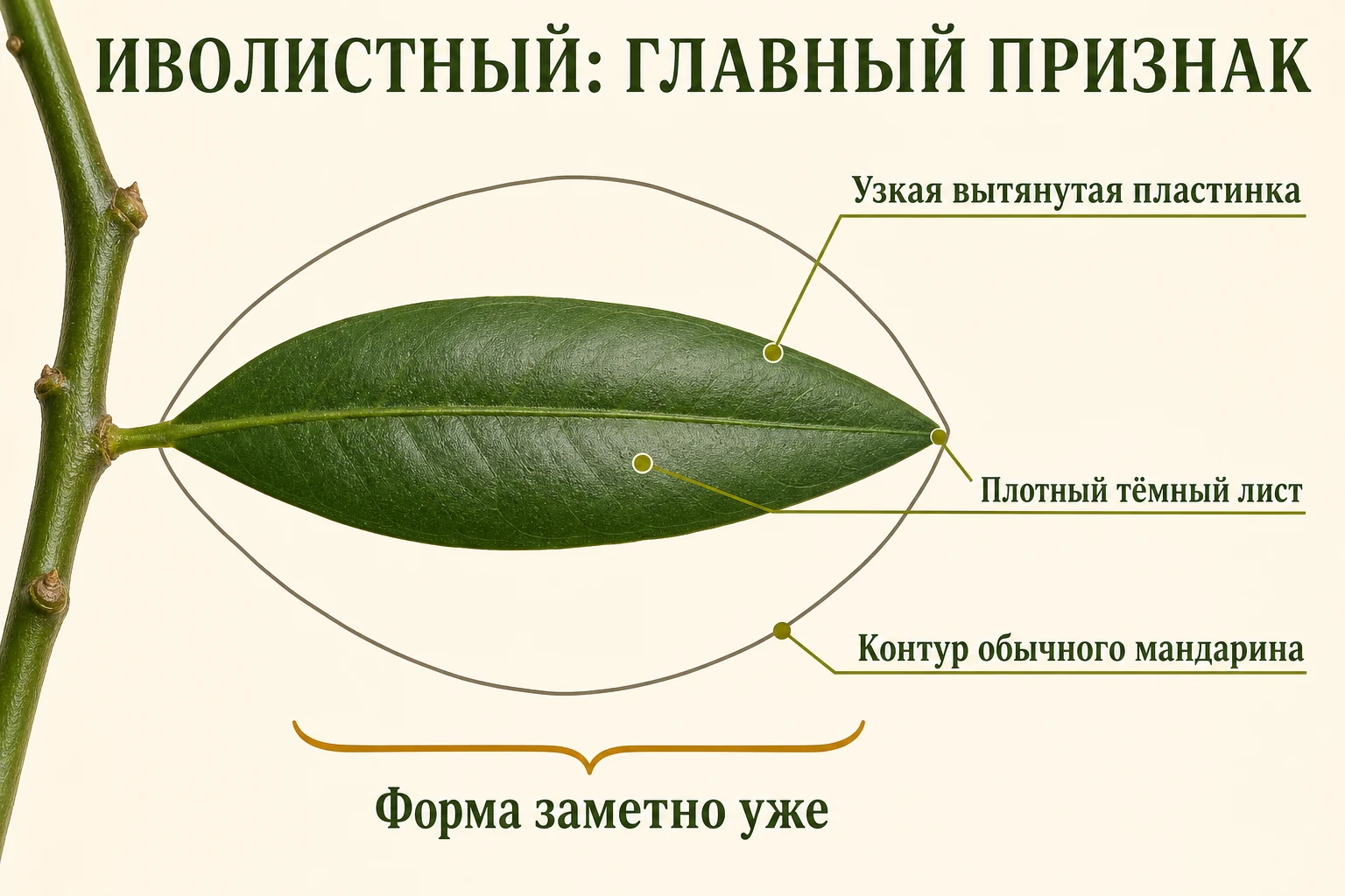 Узкий плотный лист иволистного мандарина с наложенным более широким контуром обычного мандаринового листа.