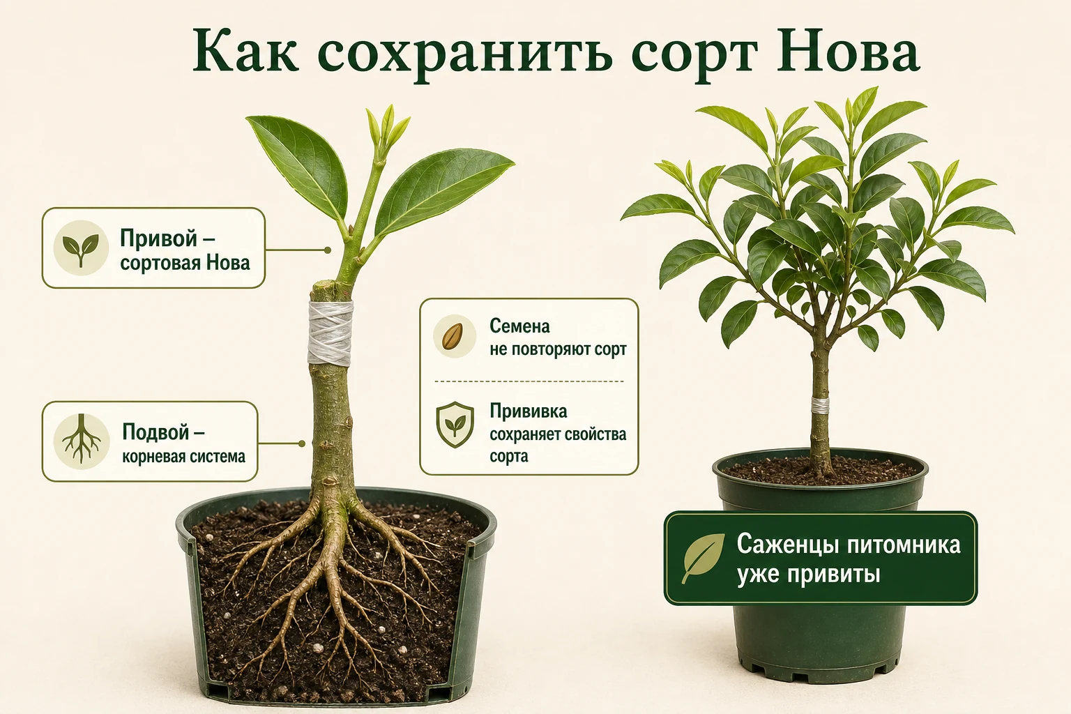 Прививка мандарина Нова: подвой формирует корни, привой сохраняет сорт; саженцы питомника уже привиты.