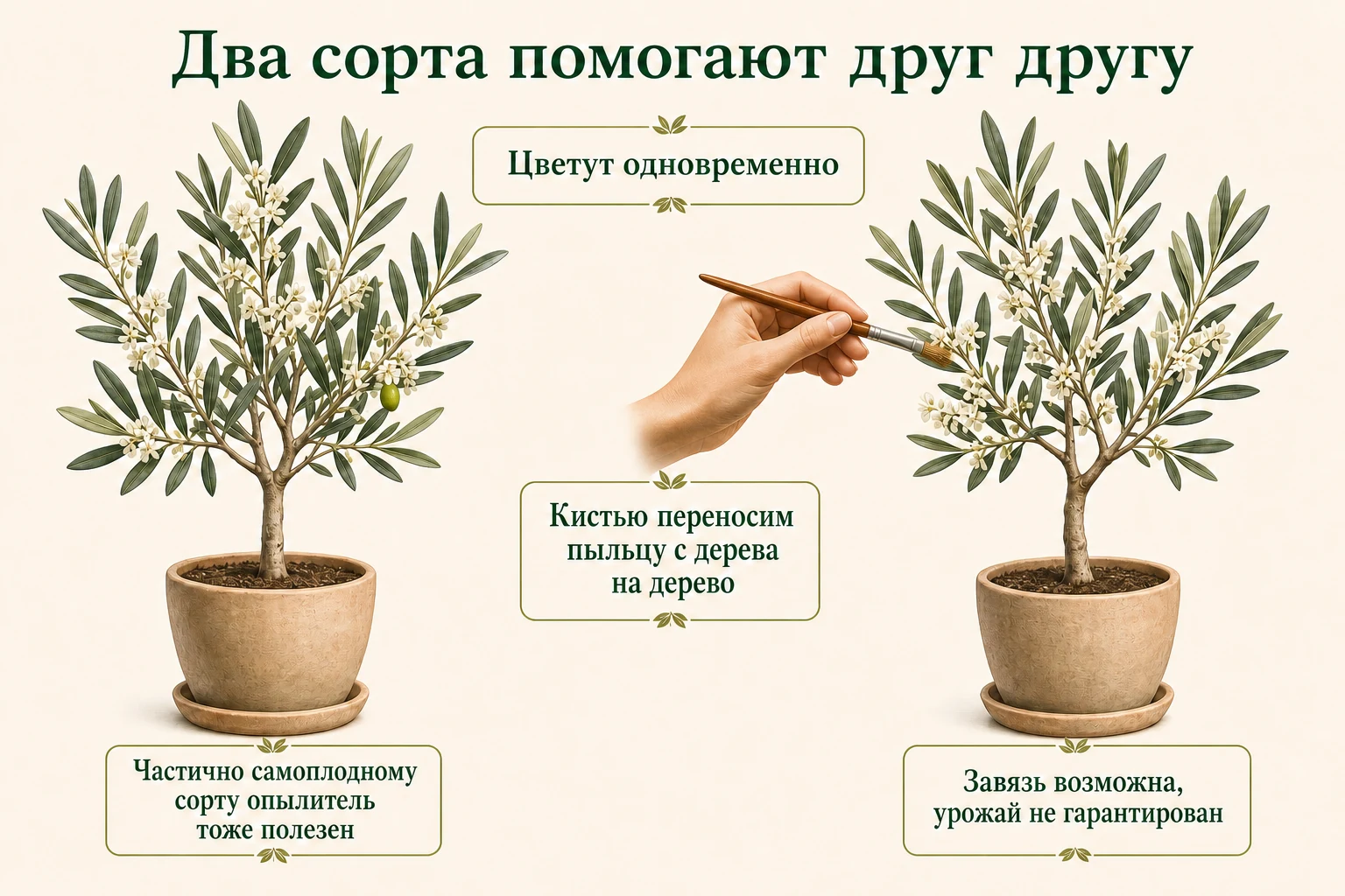 Ручное перекрёстное опыление двух раздельных сортов оливы мягкой кистью с нейтральной отметкой возможной завязи.