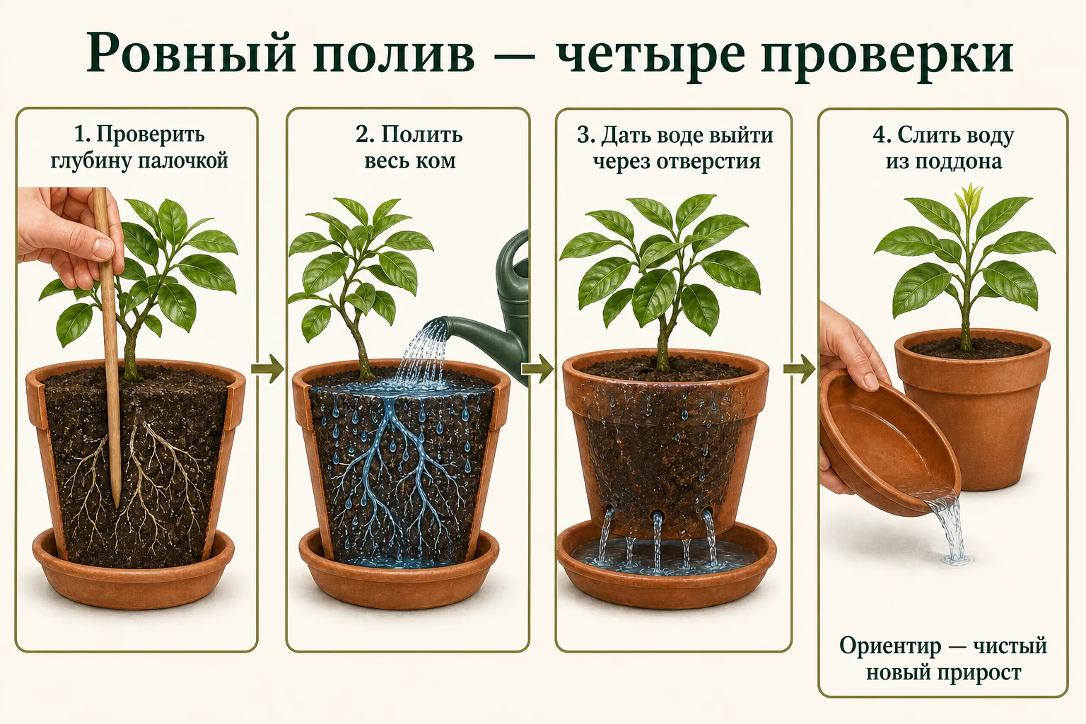 Четыре шага ровного полива лайма: проверка глубины палочкой, полный пролив, сток через отверстия и слив поддона.