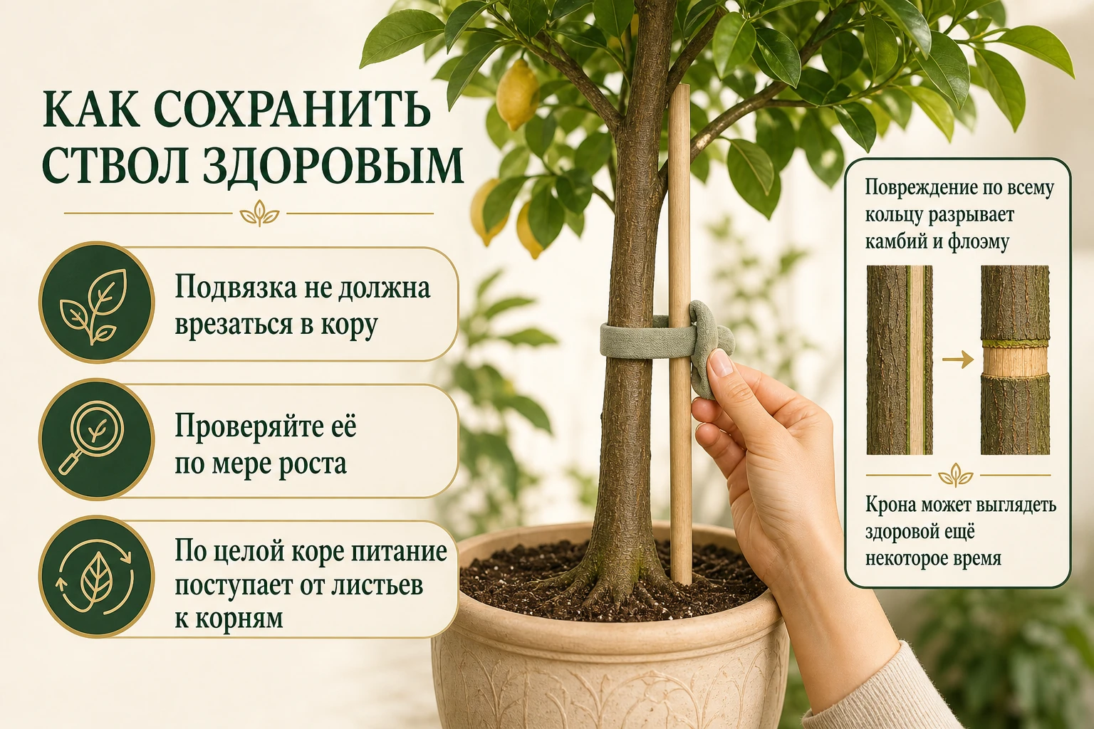 Полное кольцевое повреждение ствола разрывает камбий и флоэму и останавливает отток продуктов фотосинтеза к корням.
