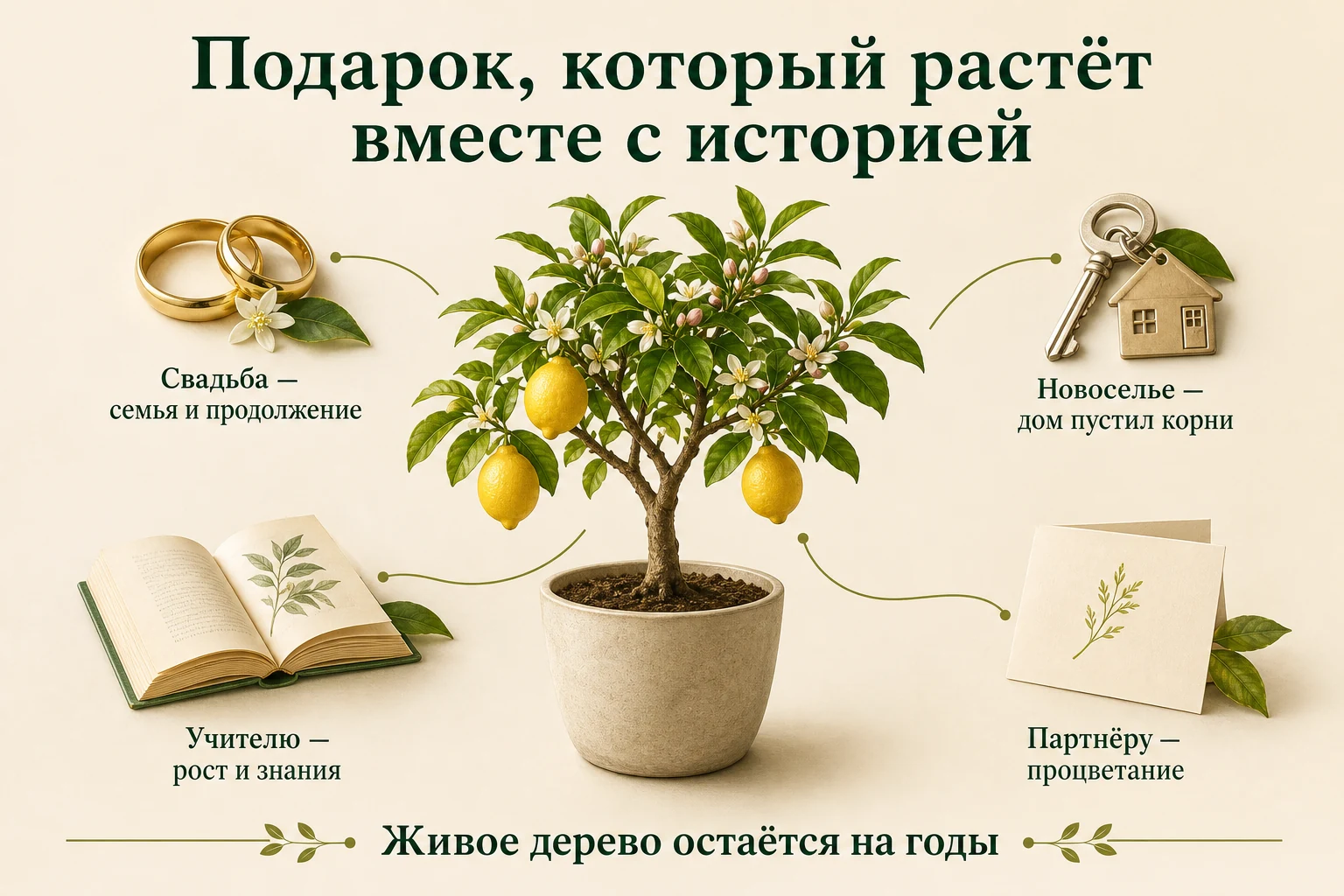 Цитрусовое дерево как подарок на свадьбу, новоселье, учителю или деловому партнёру, с символами семьи, дома, знаний и процветания.