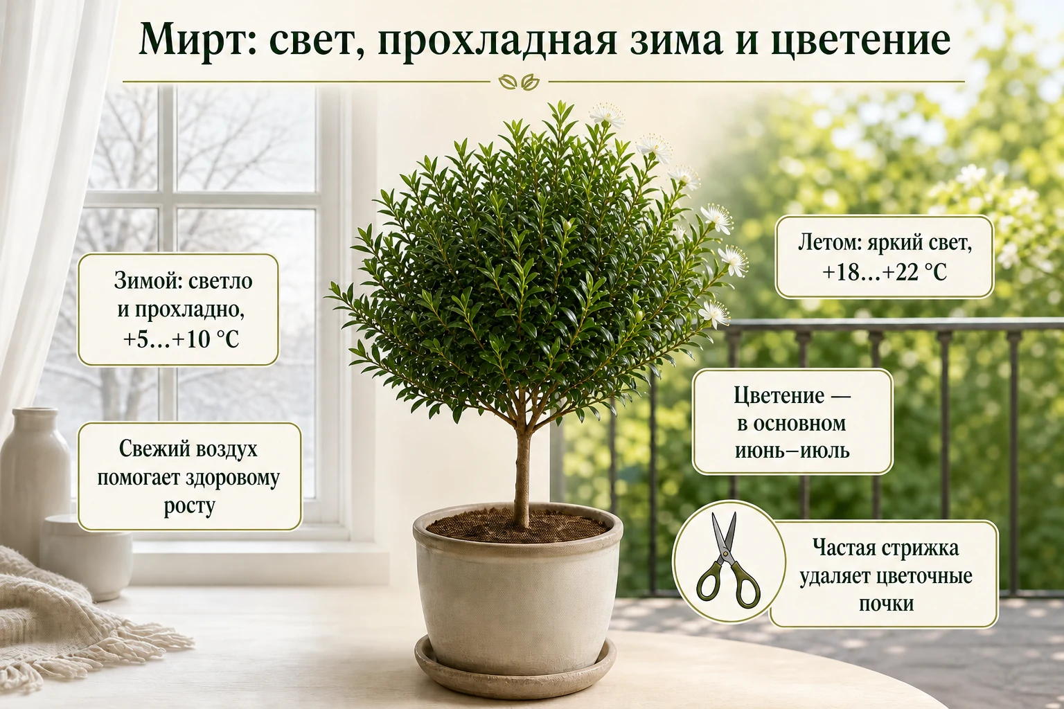 Условия для мирта: яркий свет летом, прохладная светлая зимовка при 5–10 °C и летнее цветение на молодых побегах.
